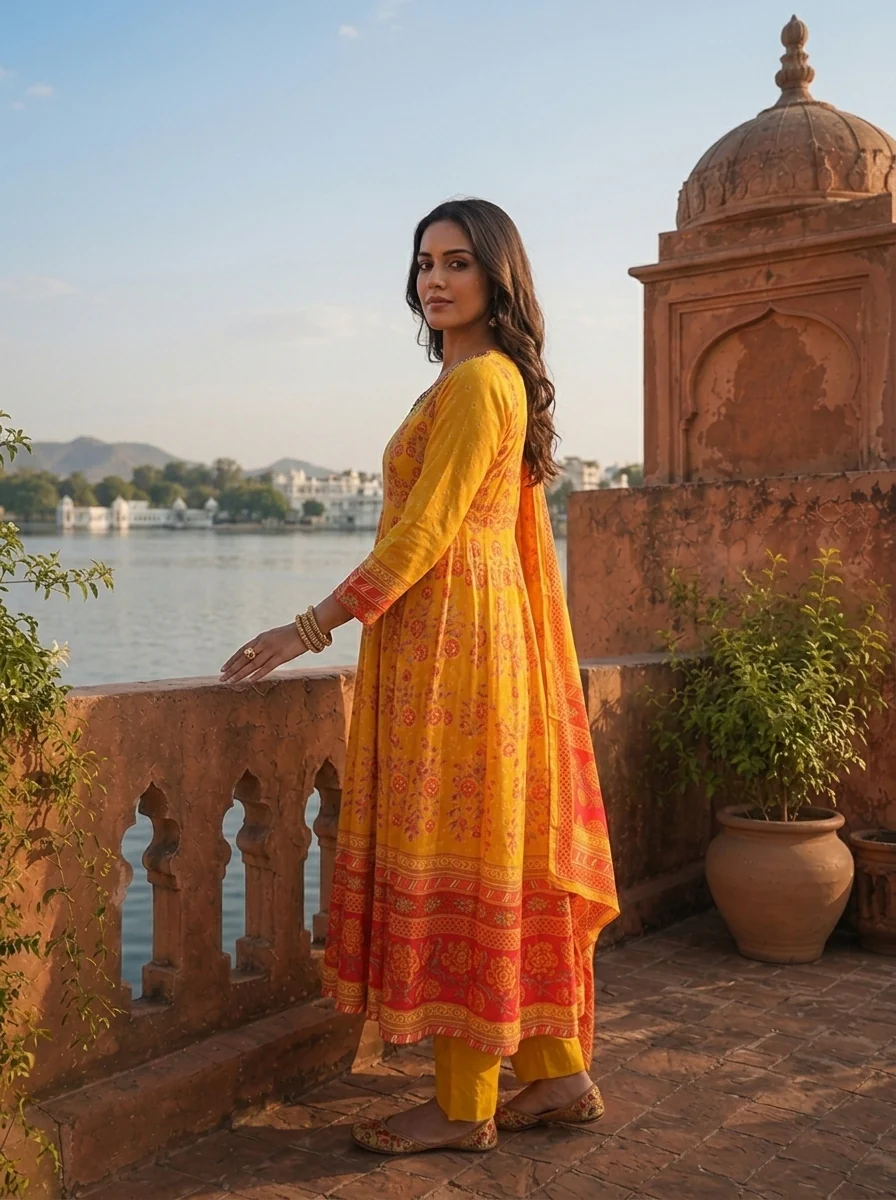 Mustard Silk Mughal Floral Printed Three Piece Set - Image 3