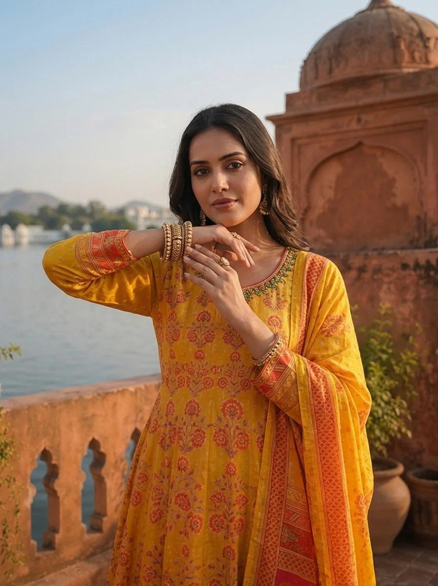 Mustard Silk Mughal Floral Printed Three Piece Set - Image 4