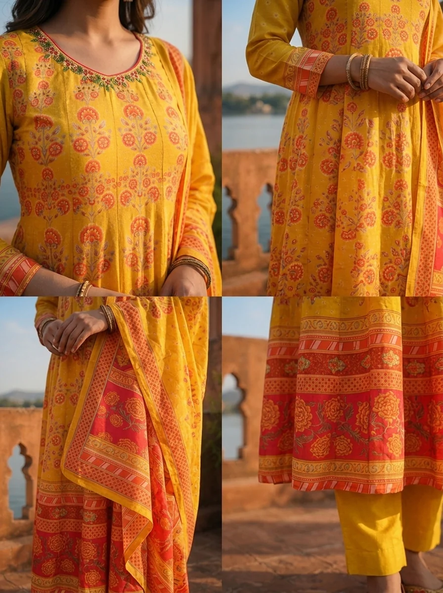 Mustard Silk Mughal Floral Printed Three Piece Set - Image 5