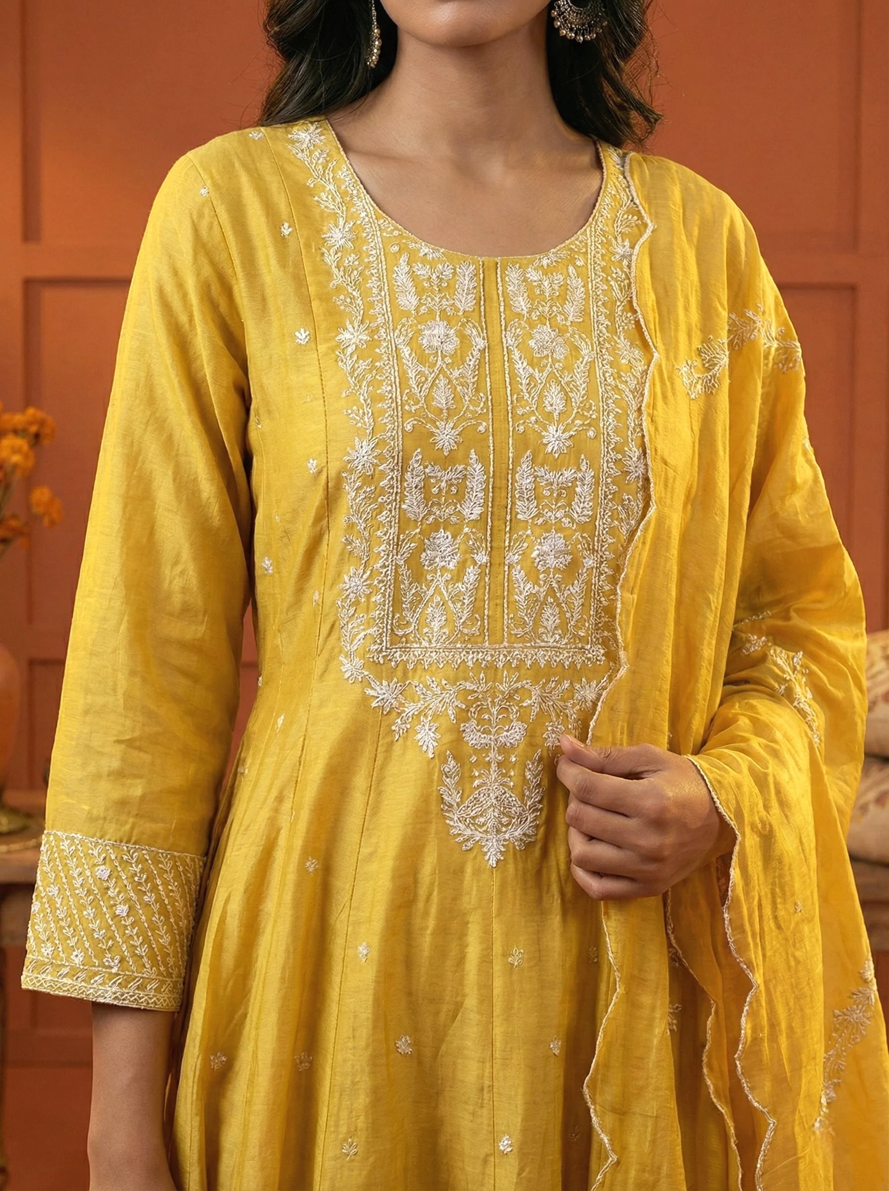 Mustard Silk Thread Embroidered Three Piece Set - Image 4