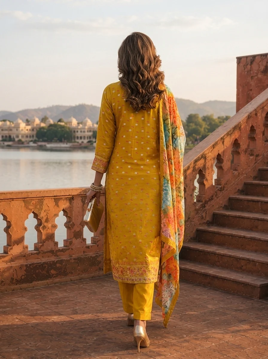 Mustard Silk Tiny Floral Butti Printed Three Piece Set - Image 3