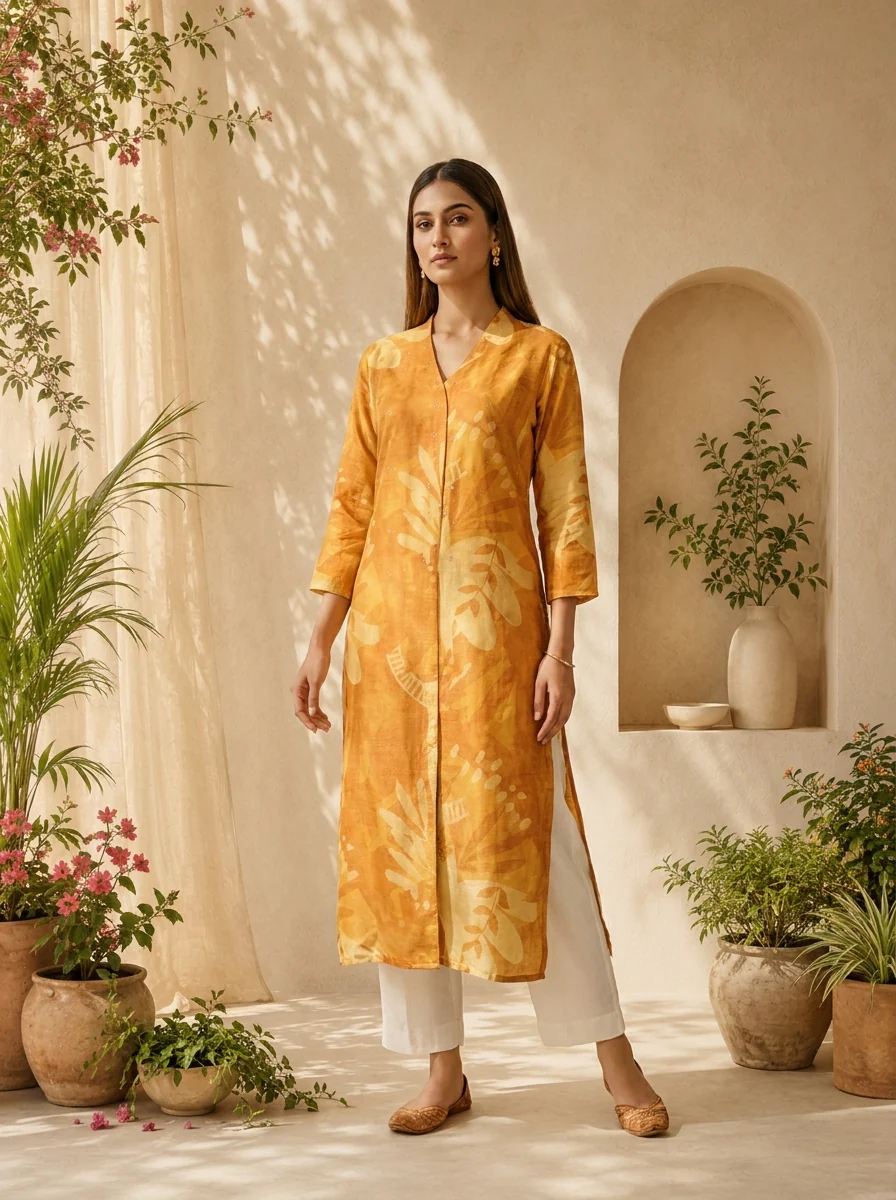 Mustard Solid Design And Printed Silk Kurta - Image 2