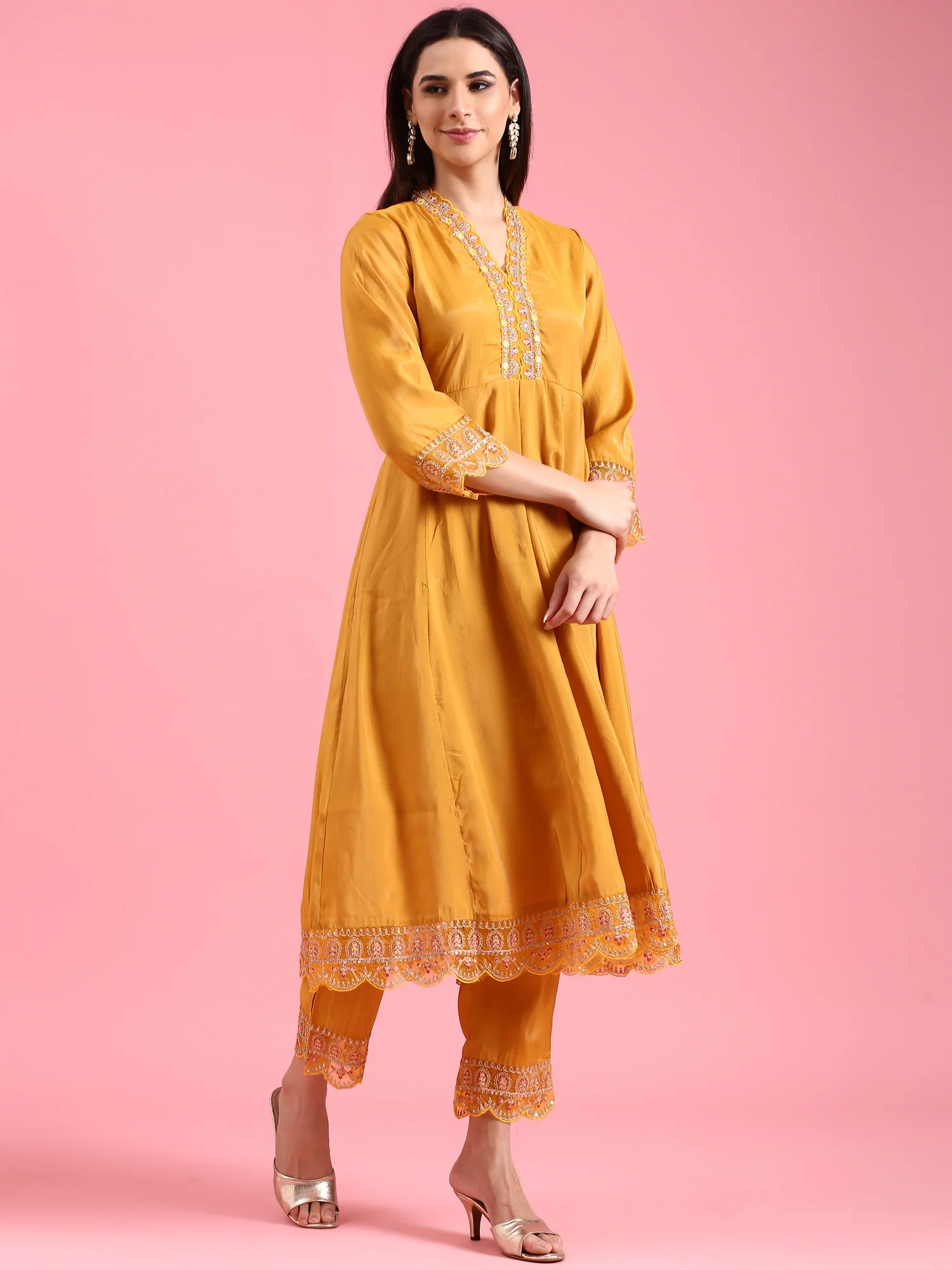 Mustard Vichithraa Silk Anarkali Three Piece Suit Set - Image 2