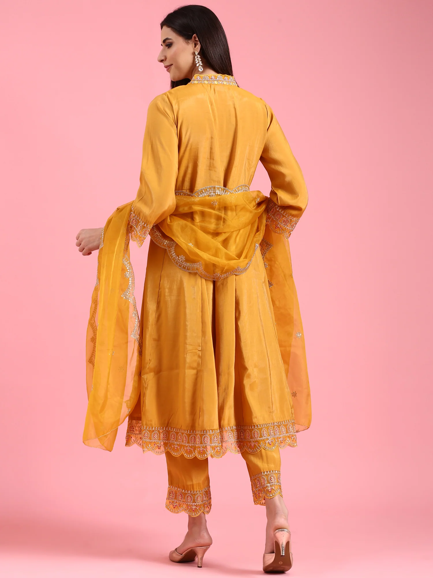 Mustard Vichithraa Silk Anarkali Three Piece Suit Set - Image 3