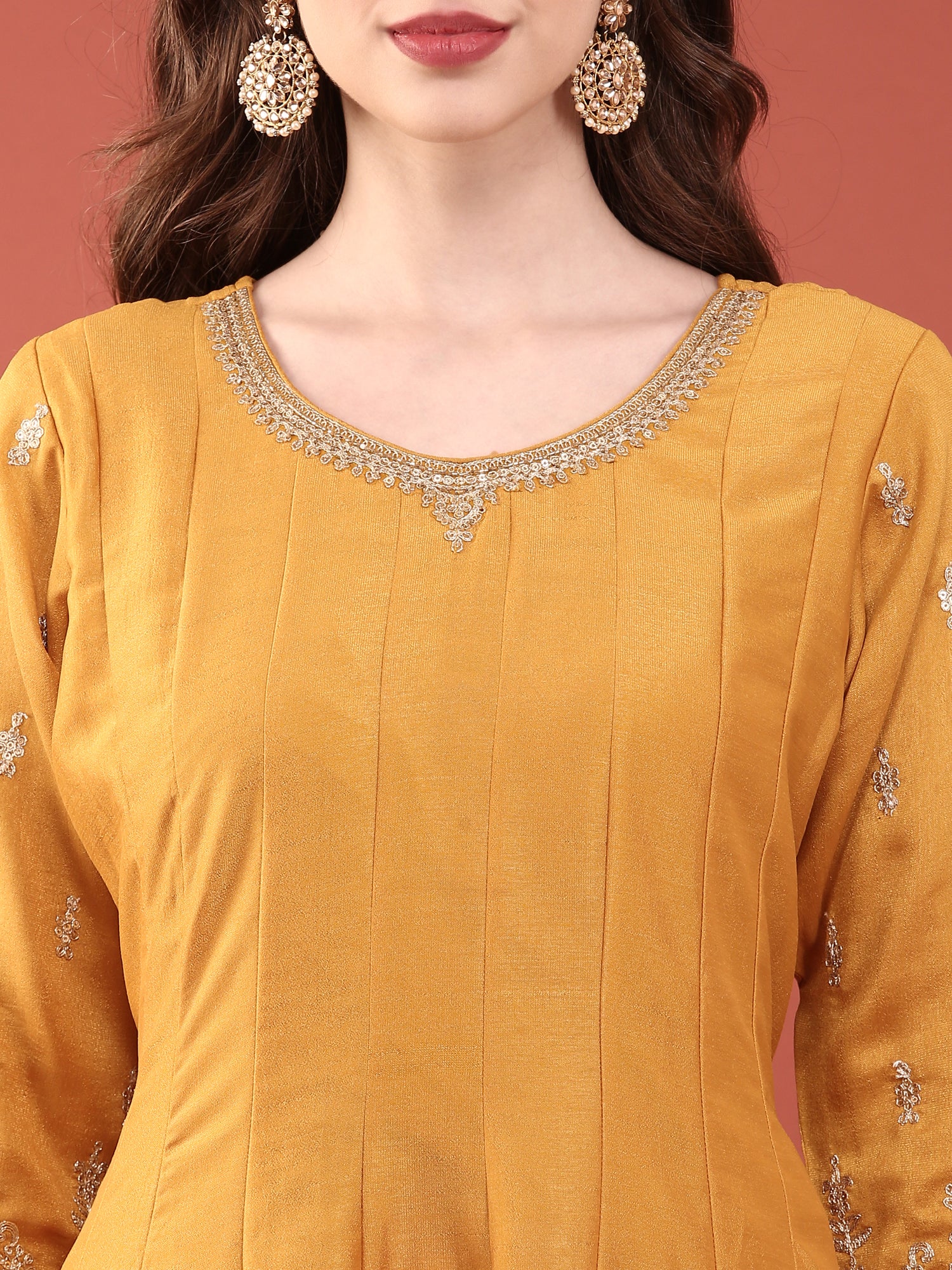 Mustard Vichitra Silk Zari Embroidery Anarkali Set - Image 5