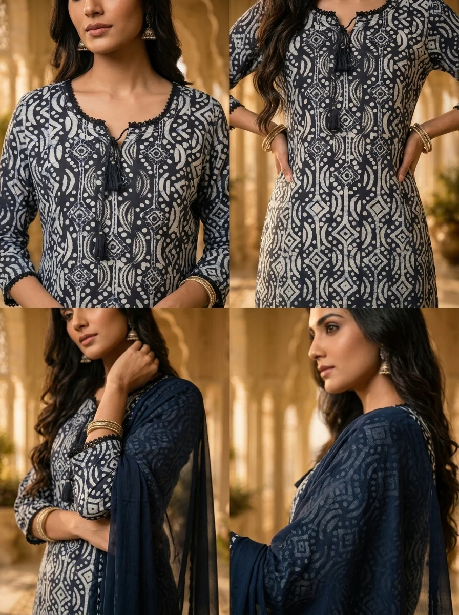 Navy Blue And White Organza Hand Block Printed Three Piece Set - Image 5