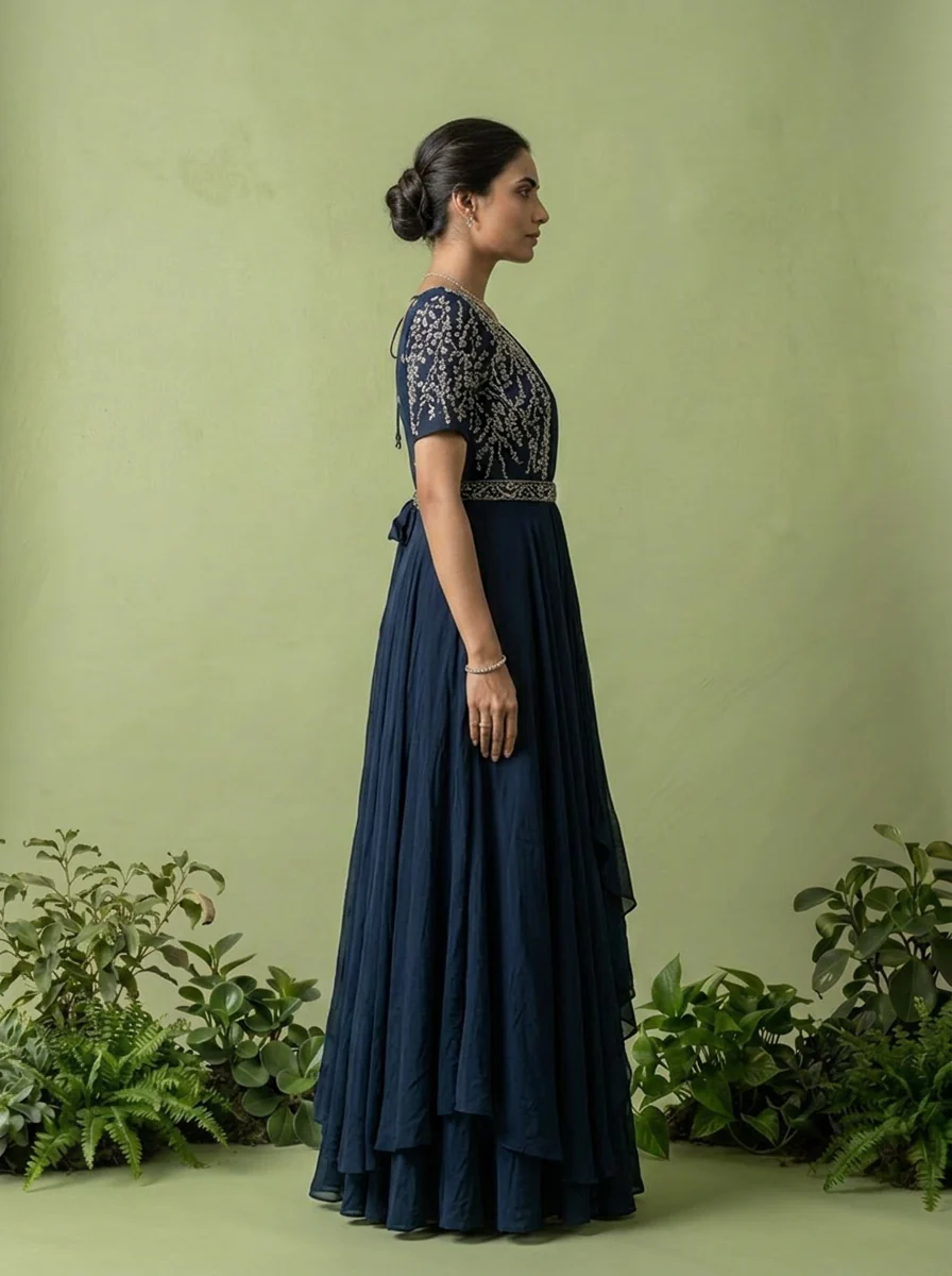 Navy Blue Chinon Beads Embroidery Anarkali - Image 2