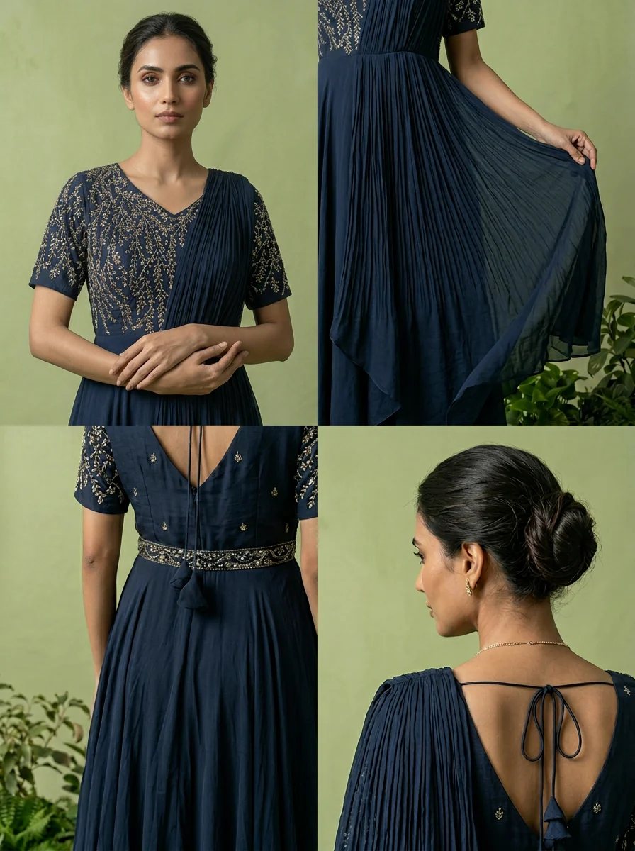 Navy Blue Chinon Beads Embroidery Anarkali - Image 4
