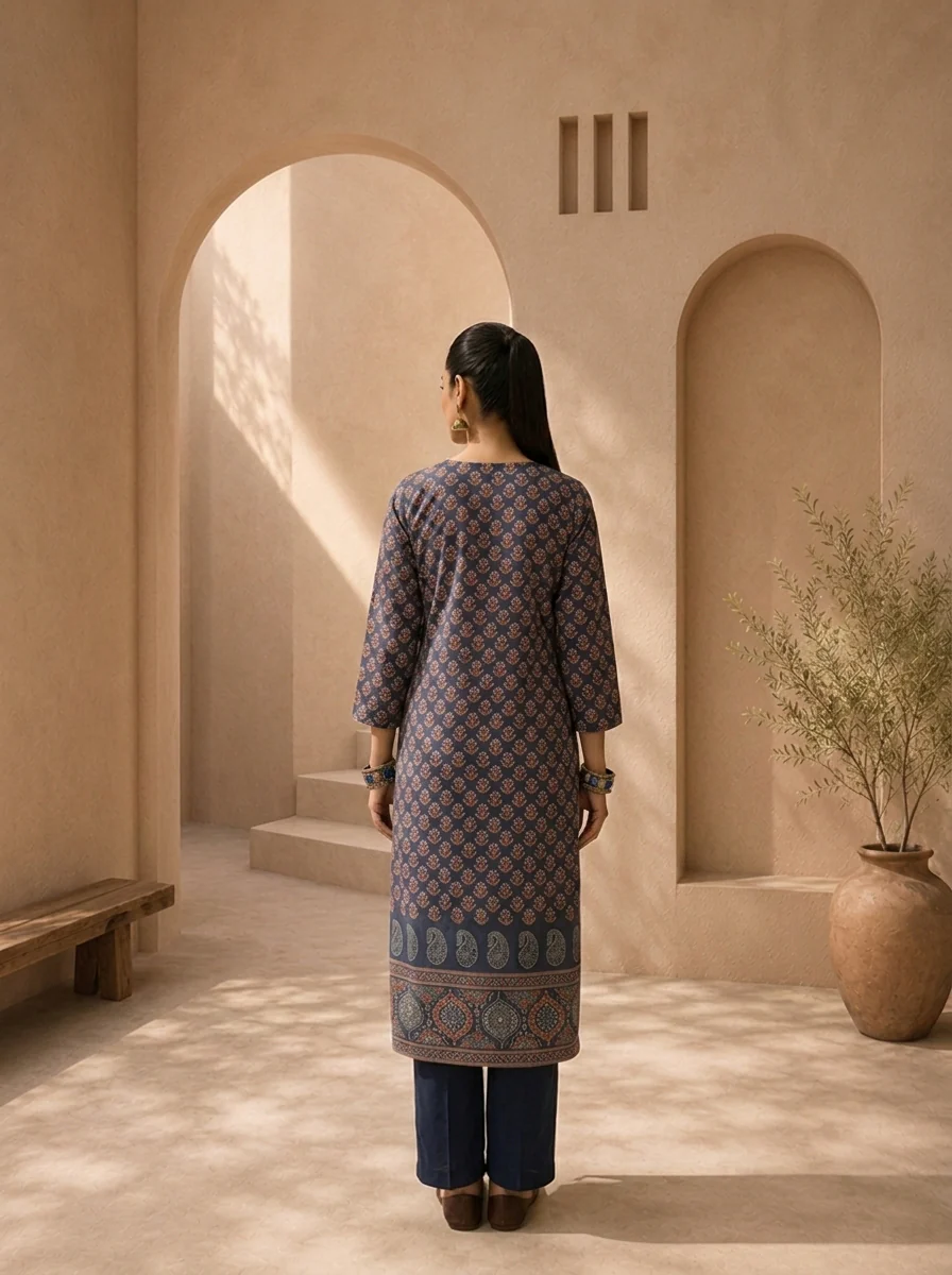 Navy Blue Cotton Ajrakh Printed Two Piece Set - Image 2