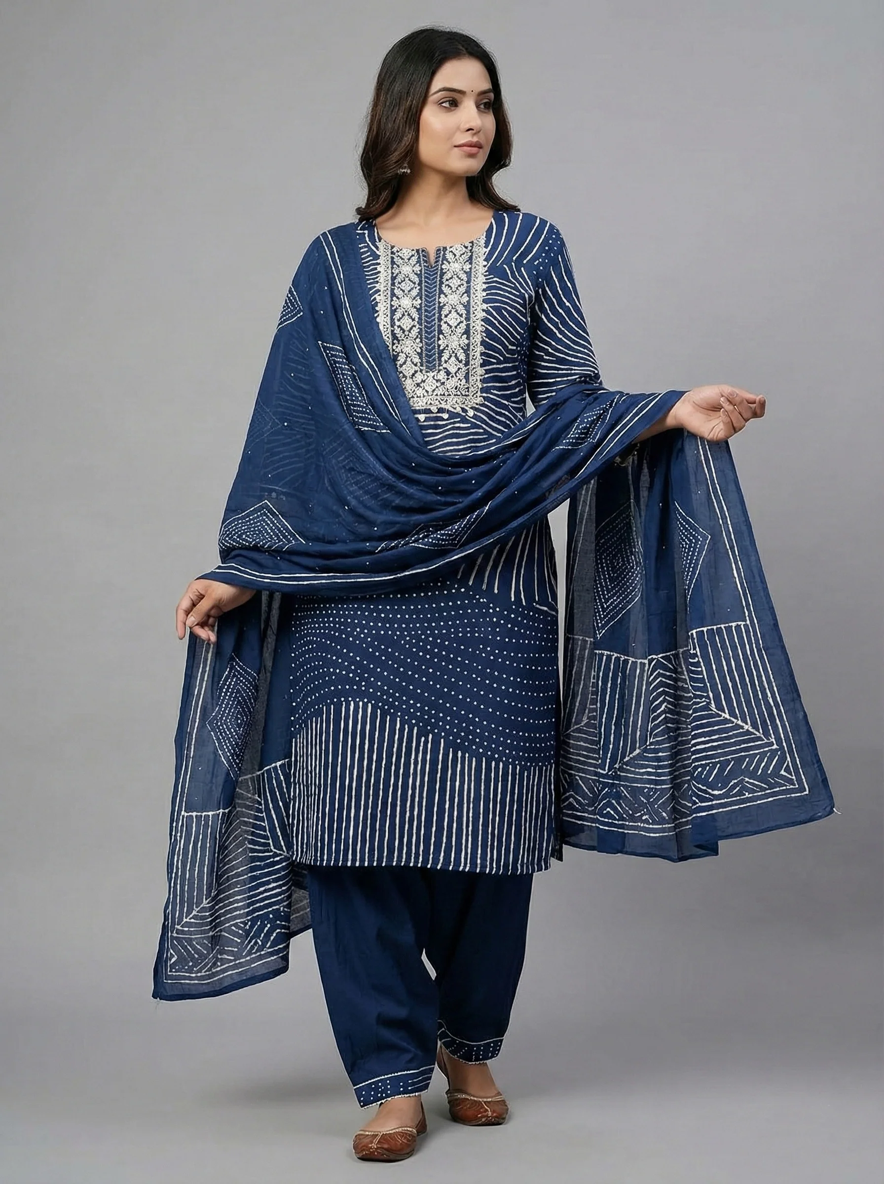 Navy Blue Cotton Digital Print Three Piece Set