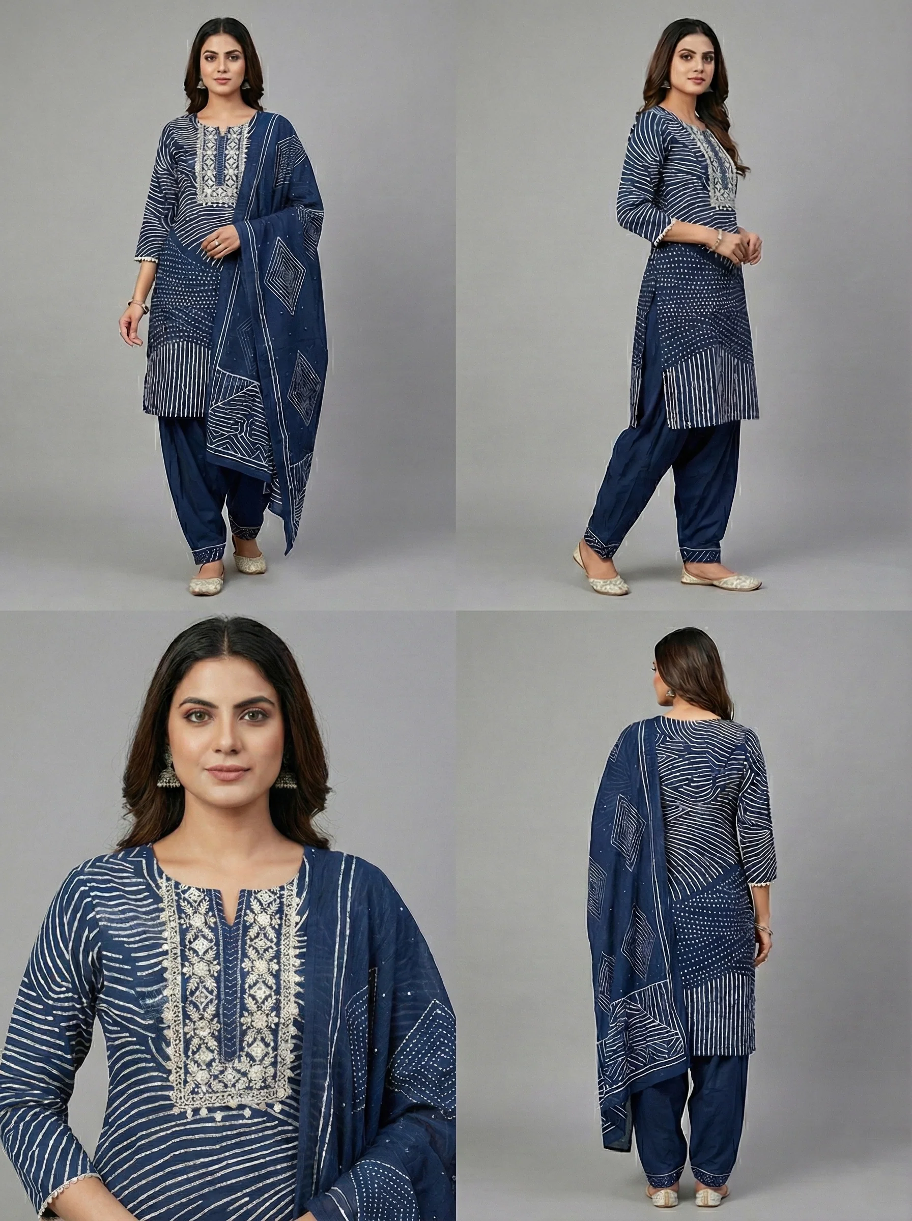 Navy Blue Cotton Digital Print Three Piece Set - Image 2