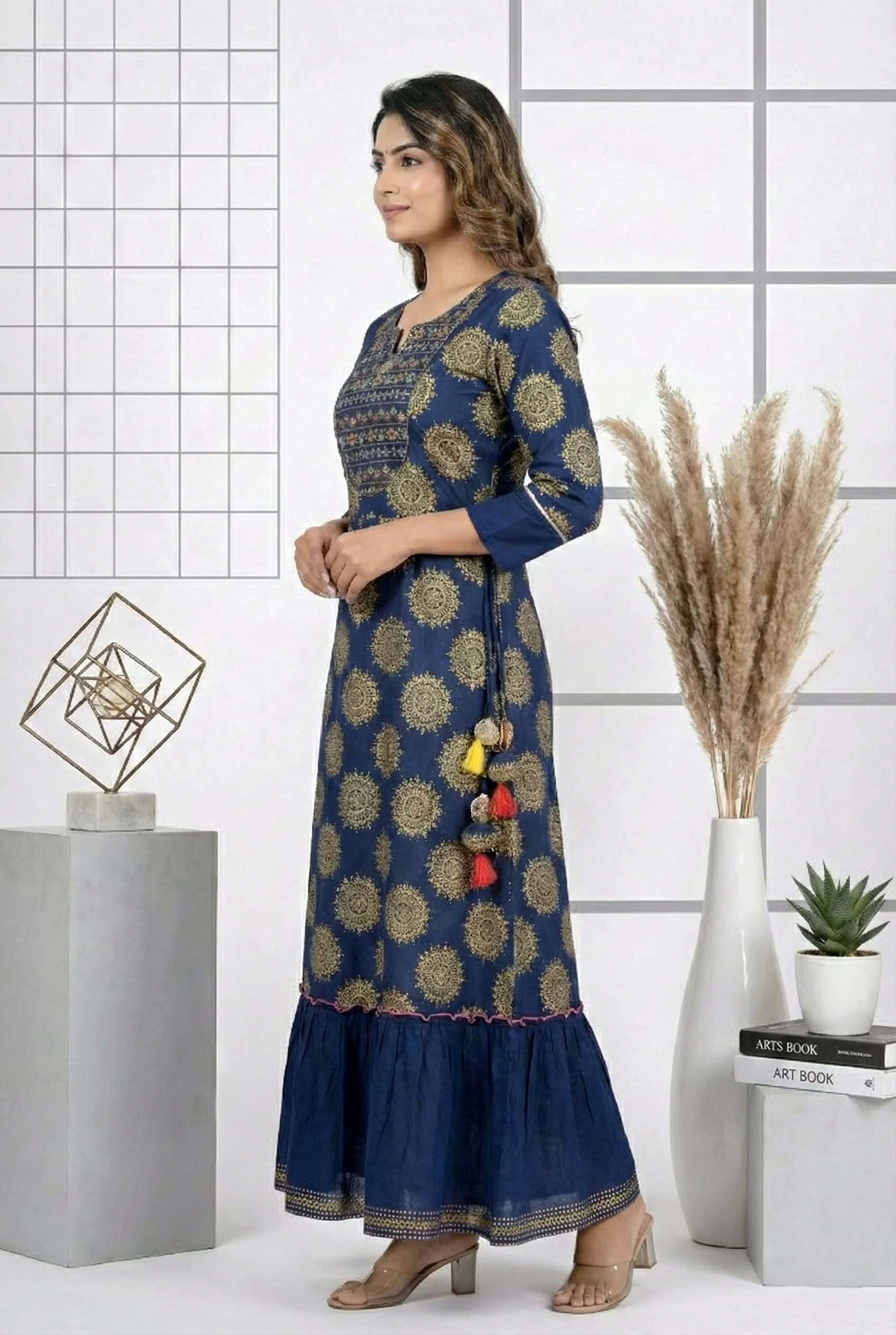 Navy Blue Cotton Floral Printed Dress - Image 2