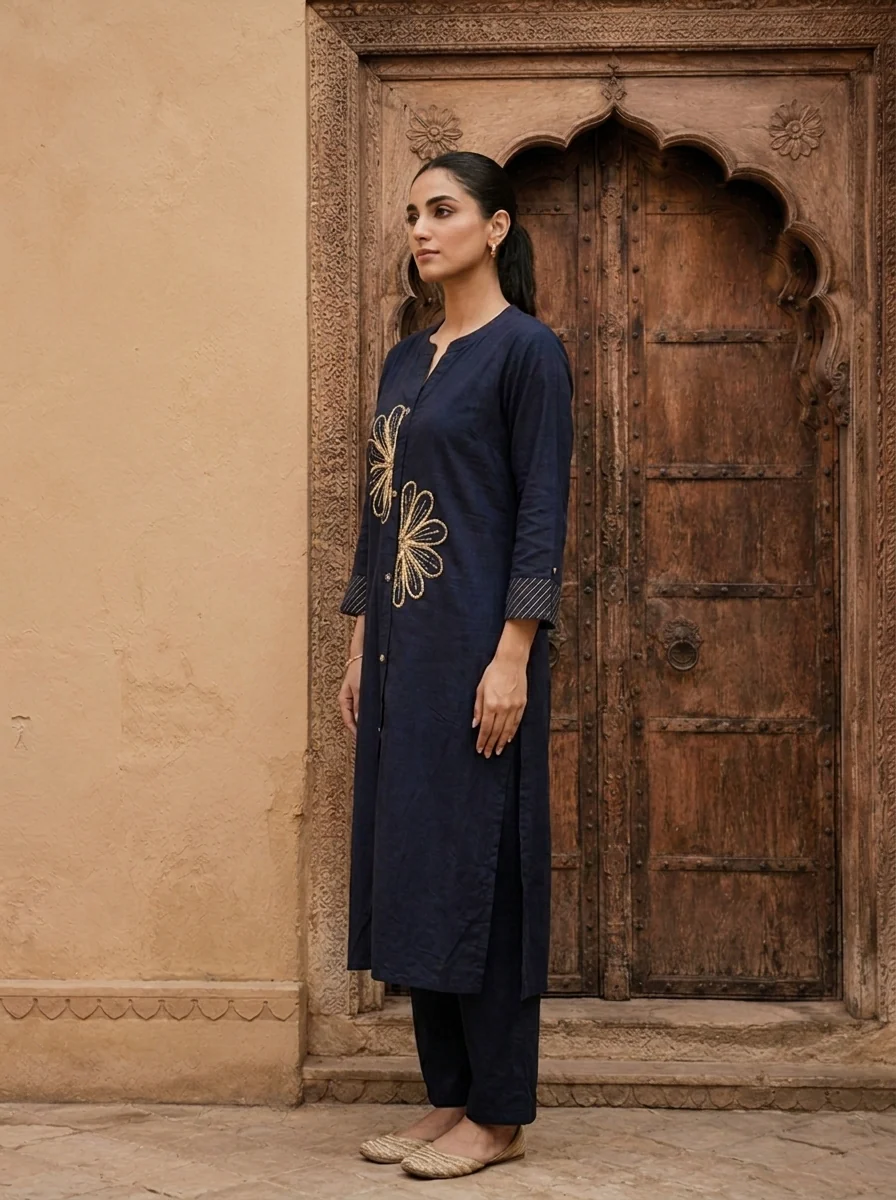 Navy Blue Cotton Floral Thread And Sequins Embroidered Two Piece Set - Image 3