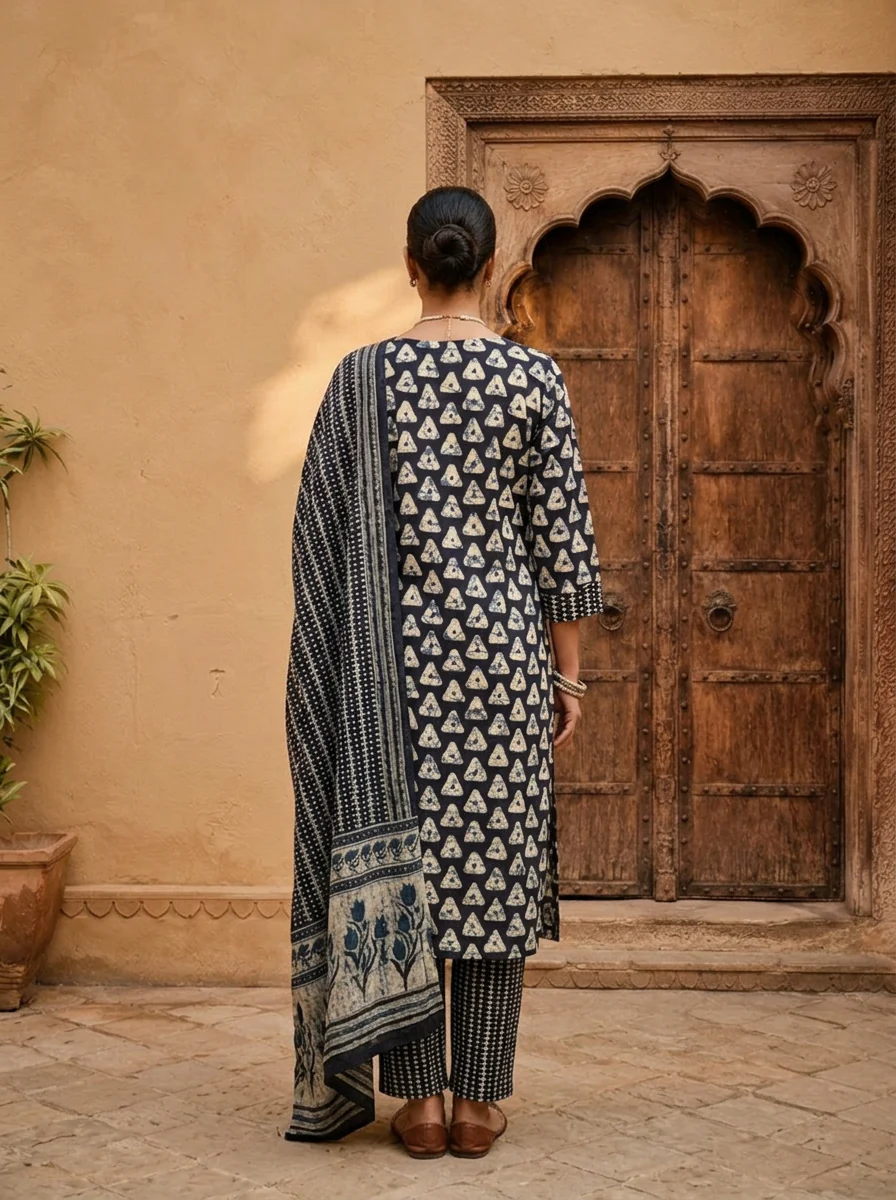 Navy Blue Cotton Printed Abstract Motifs Three Piece Set - Image 3