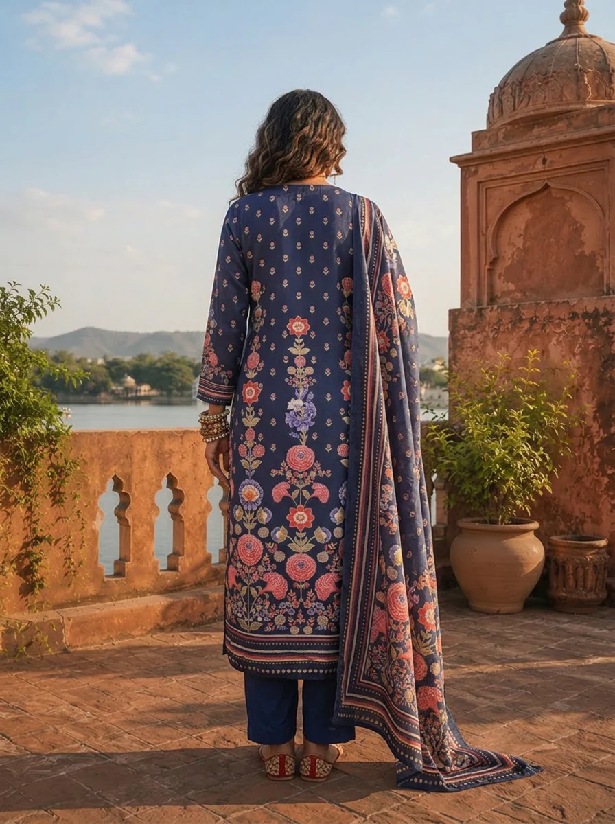 Navy Blue Cotton Vertical Floral Jaal Printed Three Piece Set - Image 3