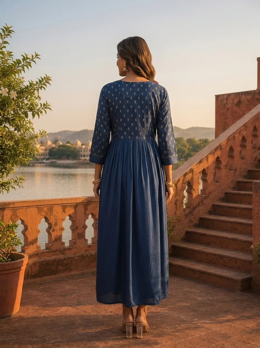 Navy Blue Crepe Gold Foil Buti Printed Dress - Image 2