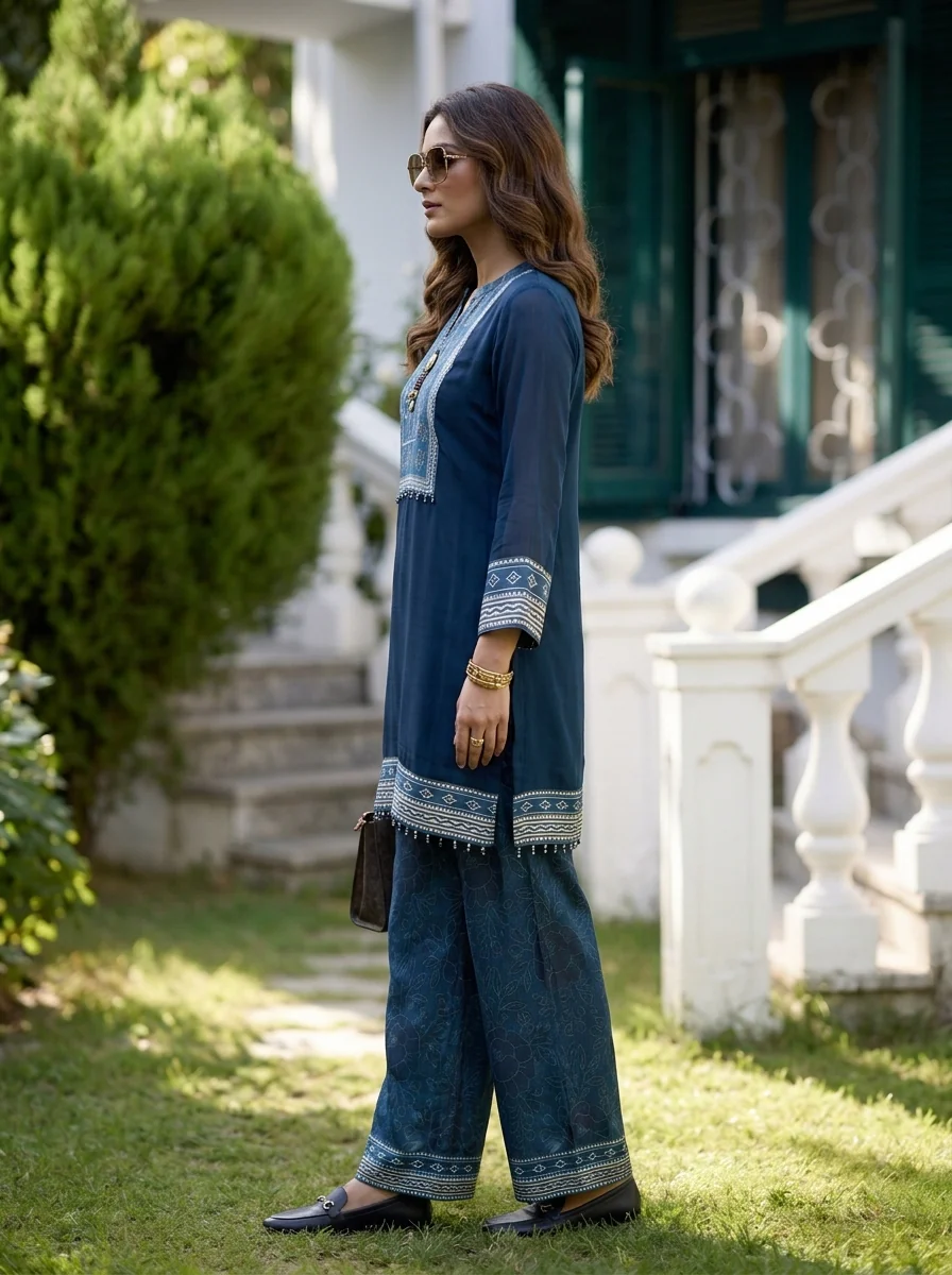 Navy Blue Georgette Ethnic Printed Two Piece Set - Image 3