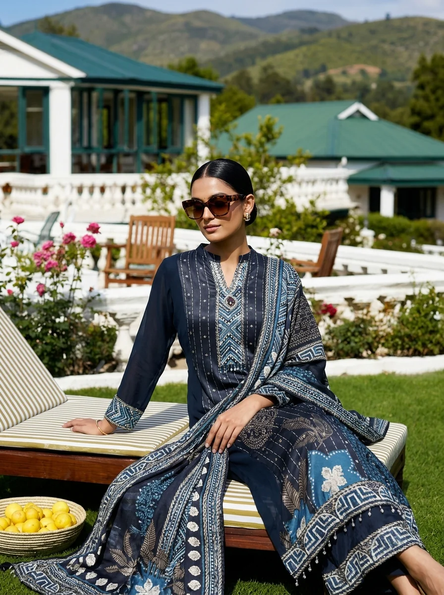 Navy Blue Georgette Paisley Motif Three Piece Set - Image 2