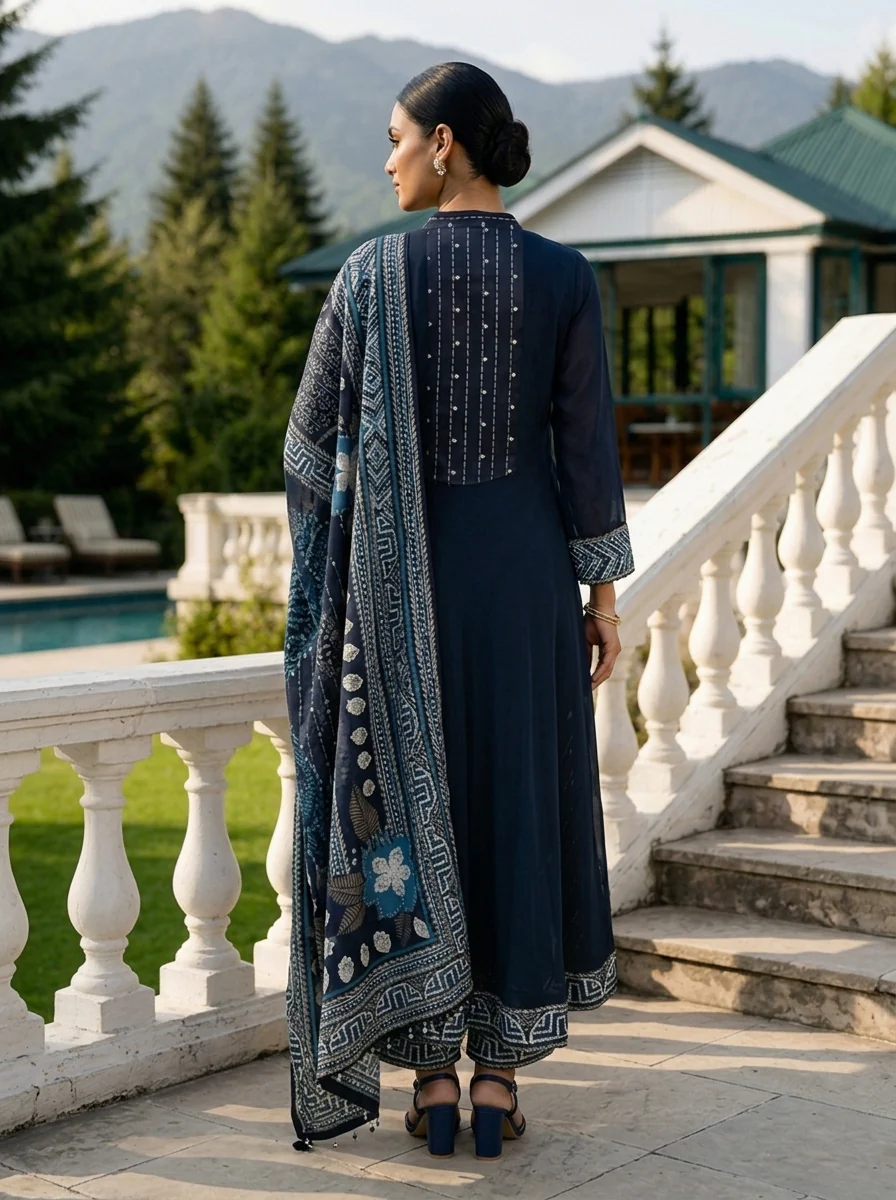 Navy Blue Georgette Paisley Motif Three Piece Set - Image 3