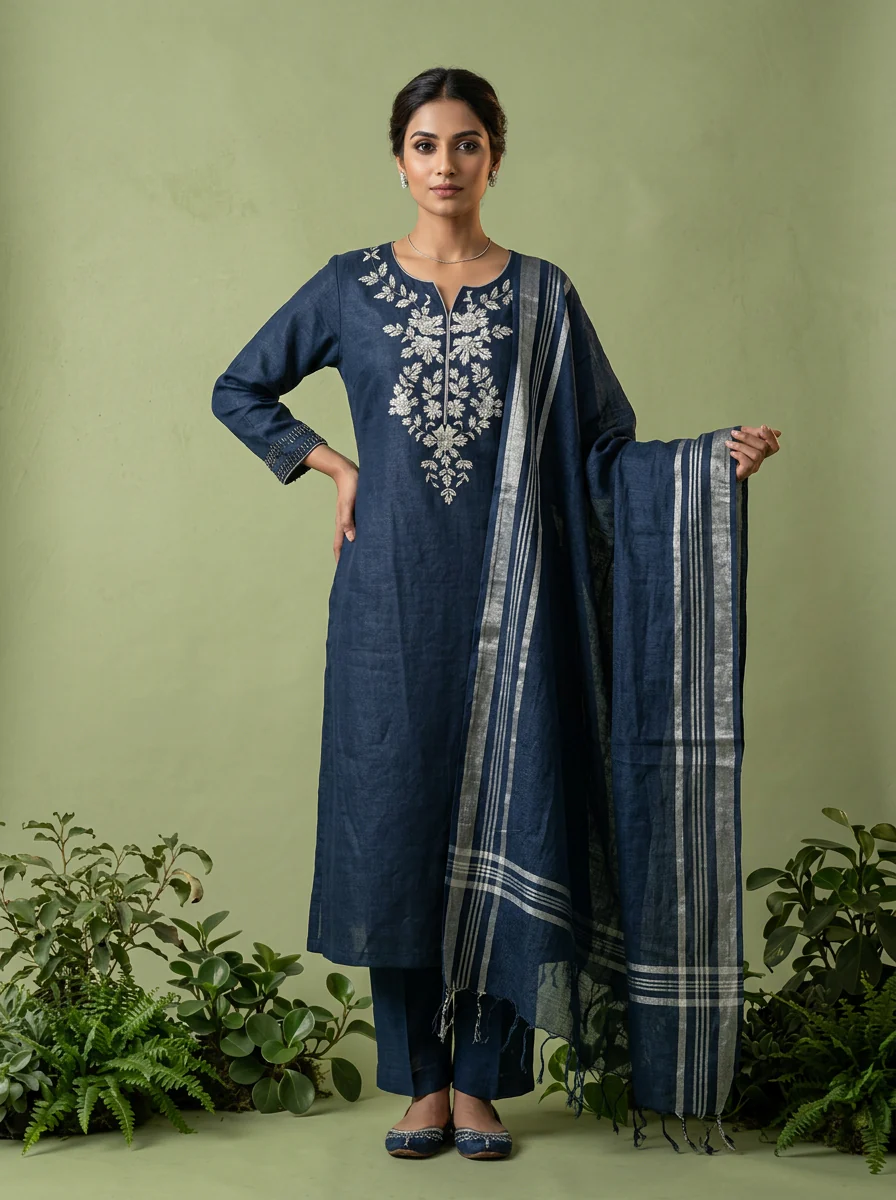 Navy Blue Linen Floral Thread Embroidery Three Piece Set