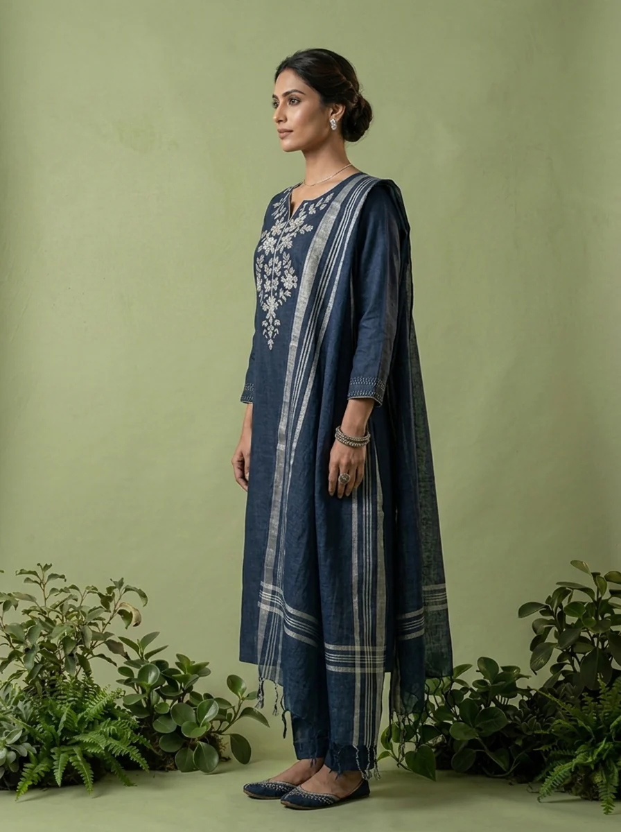 Navy Blue Linen Floral Thread Embroidery Three Piece Set - Image 2