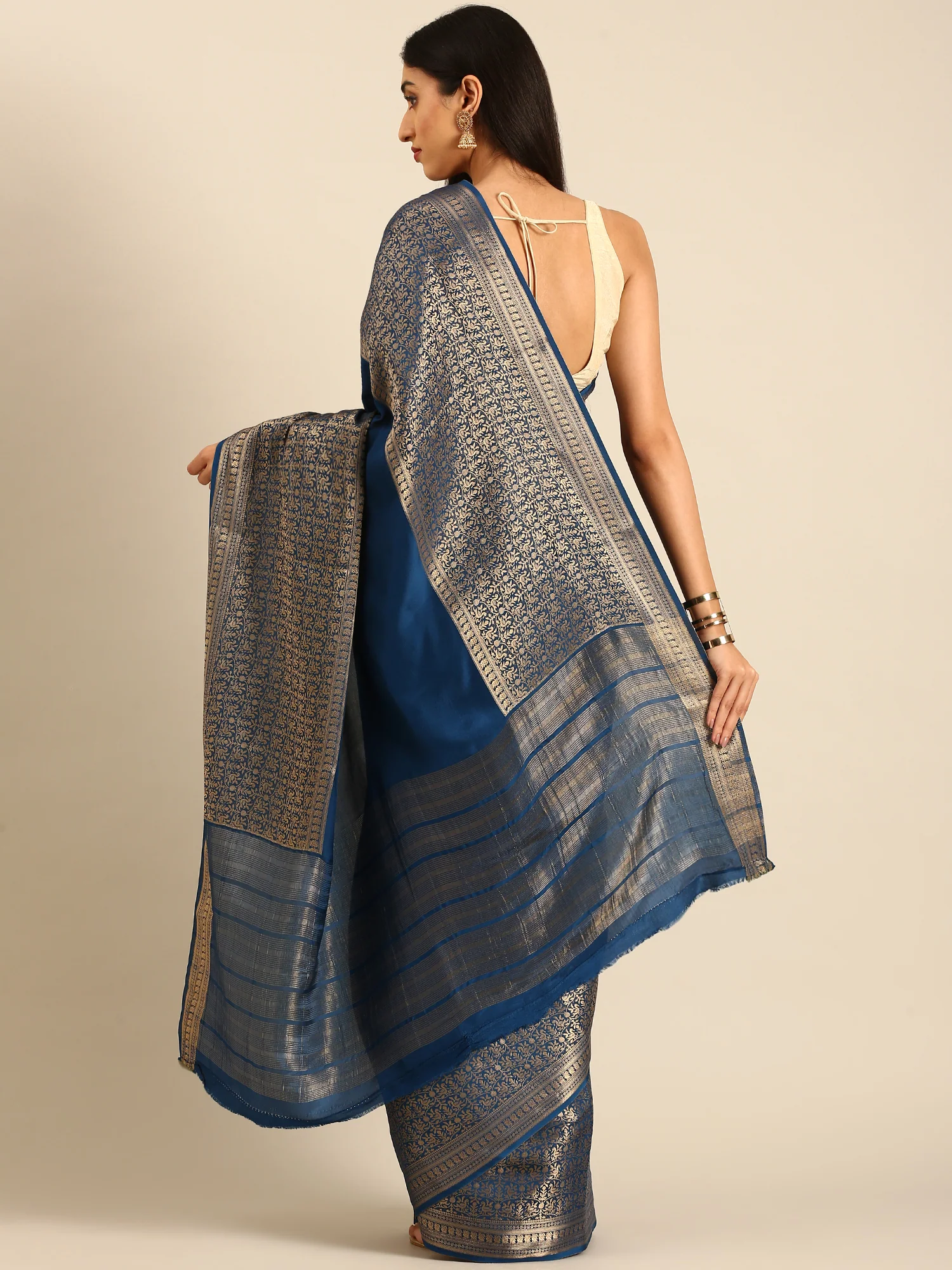 Navy Blue Mysore Crepe Saree With Zari Jaal Border - Image 3