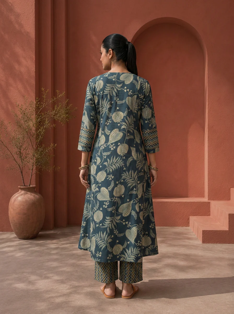 Navy Blue Rayon Bagh Botanical Printed Two Piece Set - Image 2