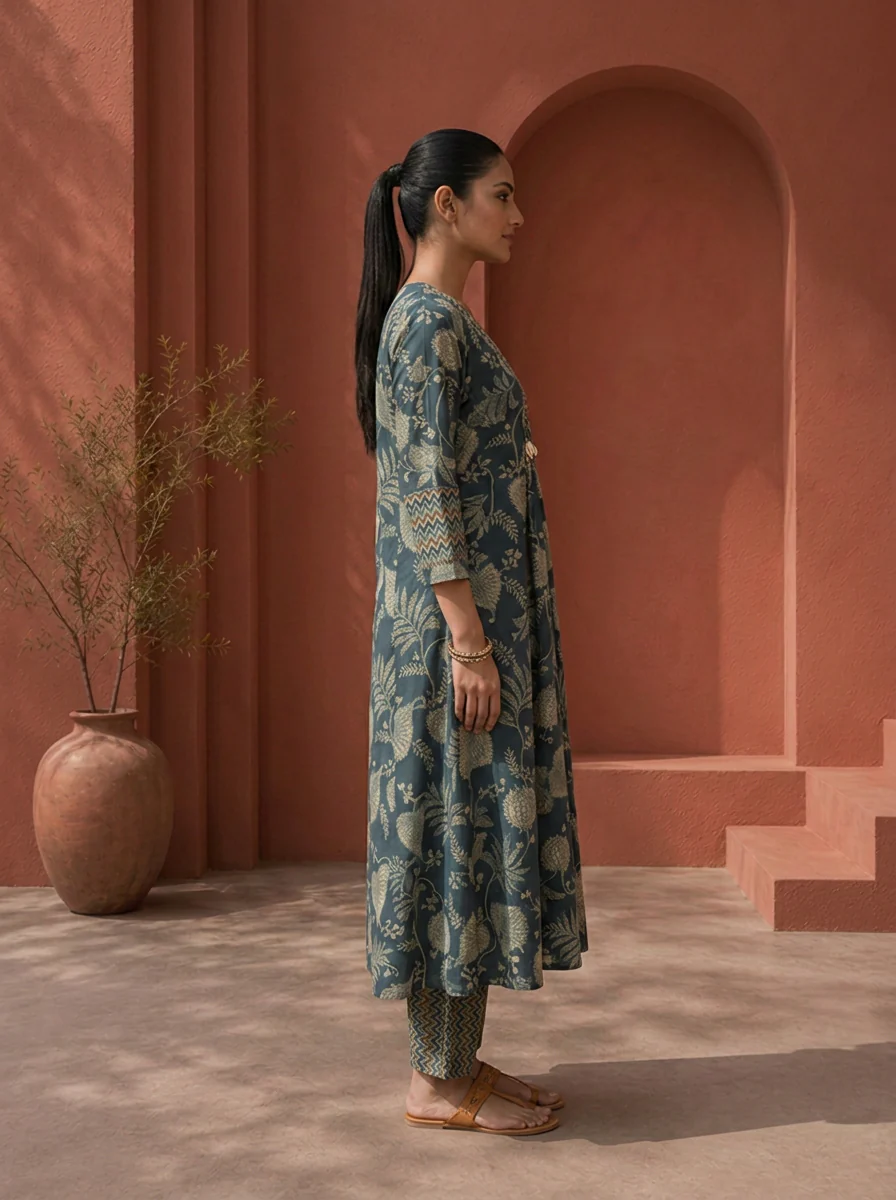 Navy Blue Rayon Bagh Botanical Printed Two Piece Set - Image 3