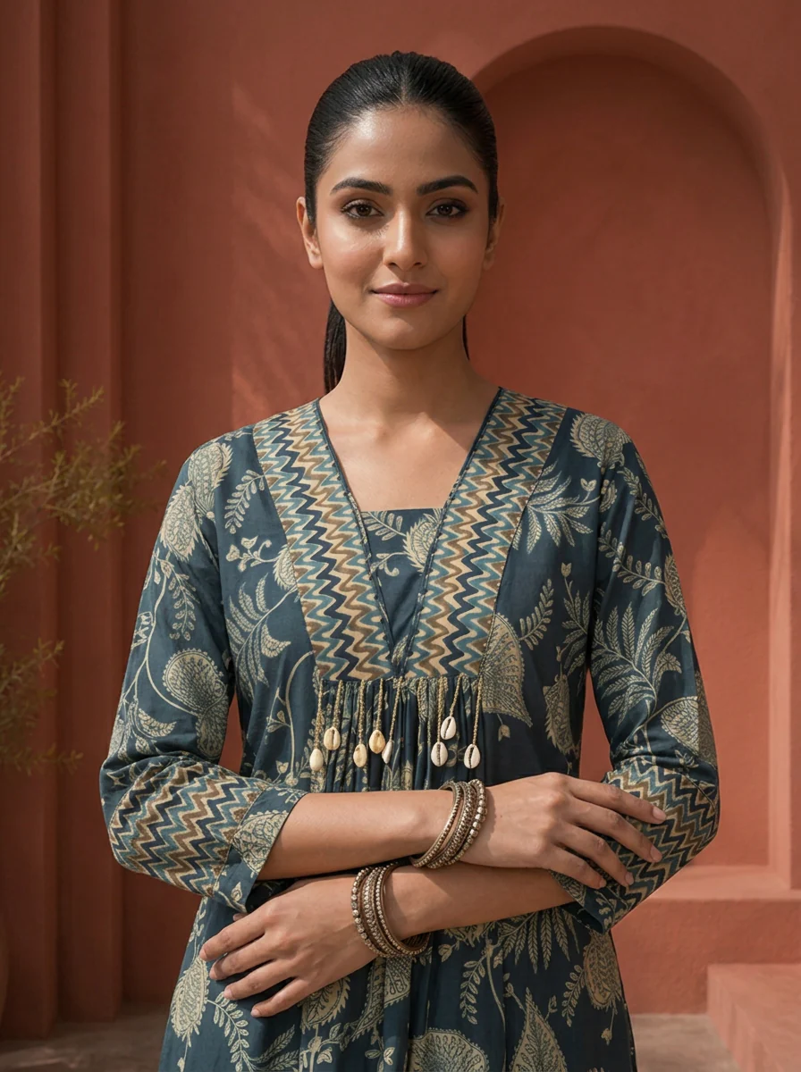 Navy Blue Rayon Bagh Botanical Printed Two Piece Set - Image 4