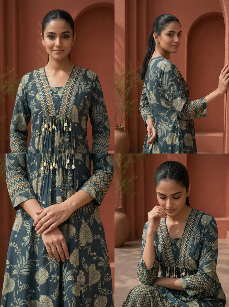 Navy Blue Rayon Bagh Botanical Printed Two Piece Set - Image 5