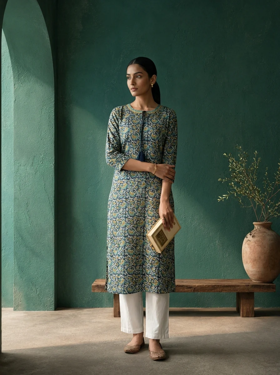 Navy Blue Rayon Jaali Digital Printed Kurta