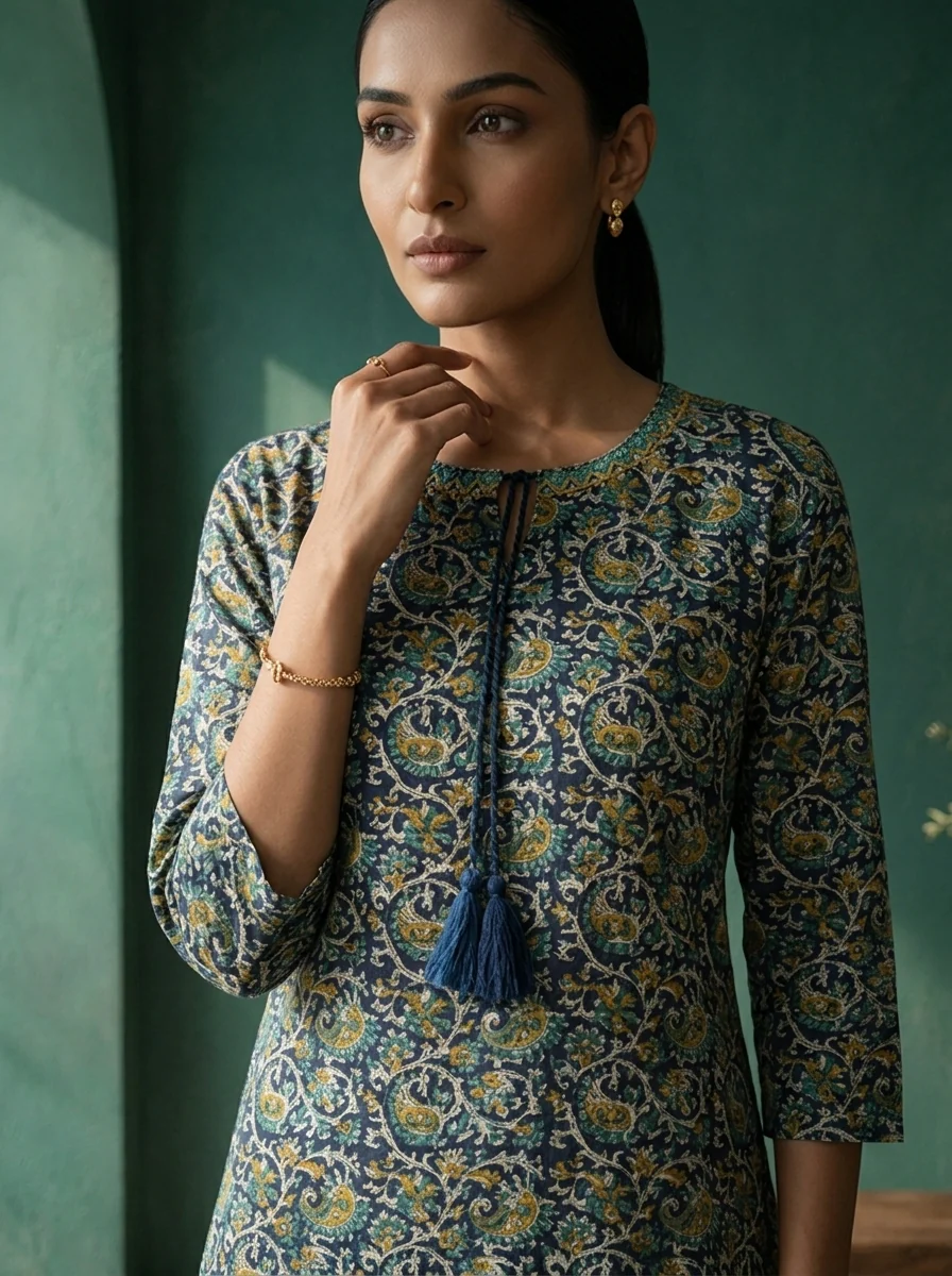 Navy Blue Rayon Jaali Digital Printed Kurta - Image 4