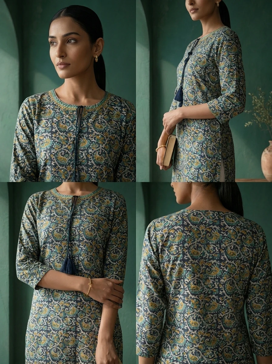 Navy Blue Rayon Jaali Digital Printed Kurta - Image 5