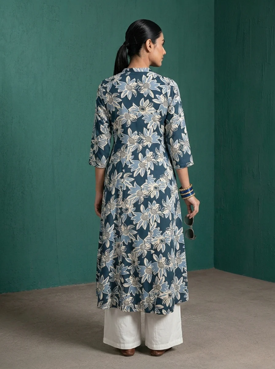 Navy Blue Rayon Large Floral Digital Printed Kurta - Image 2