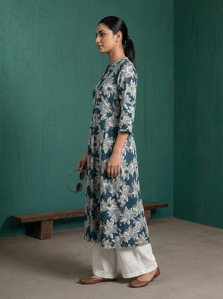 Navy Blue Rayon Large Floral Digital Printed Kurta - Image 3