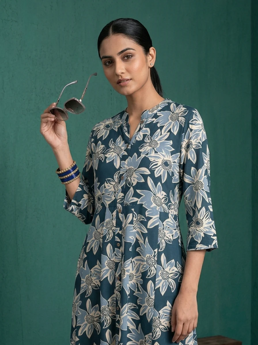 Navy Blue Rayon Large Floral Digital Printed Kurta - Image 4