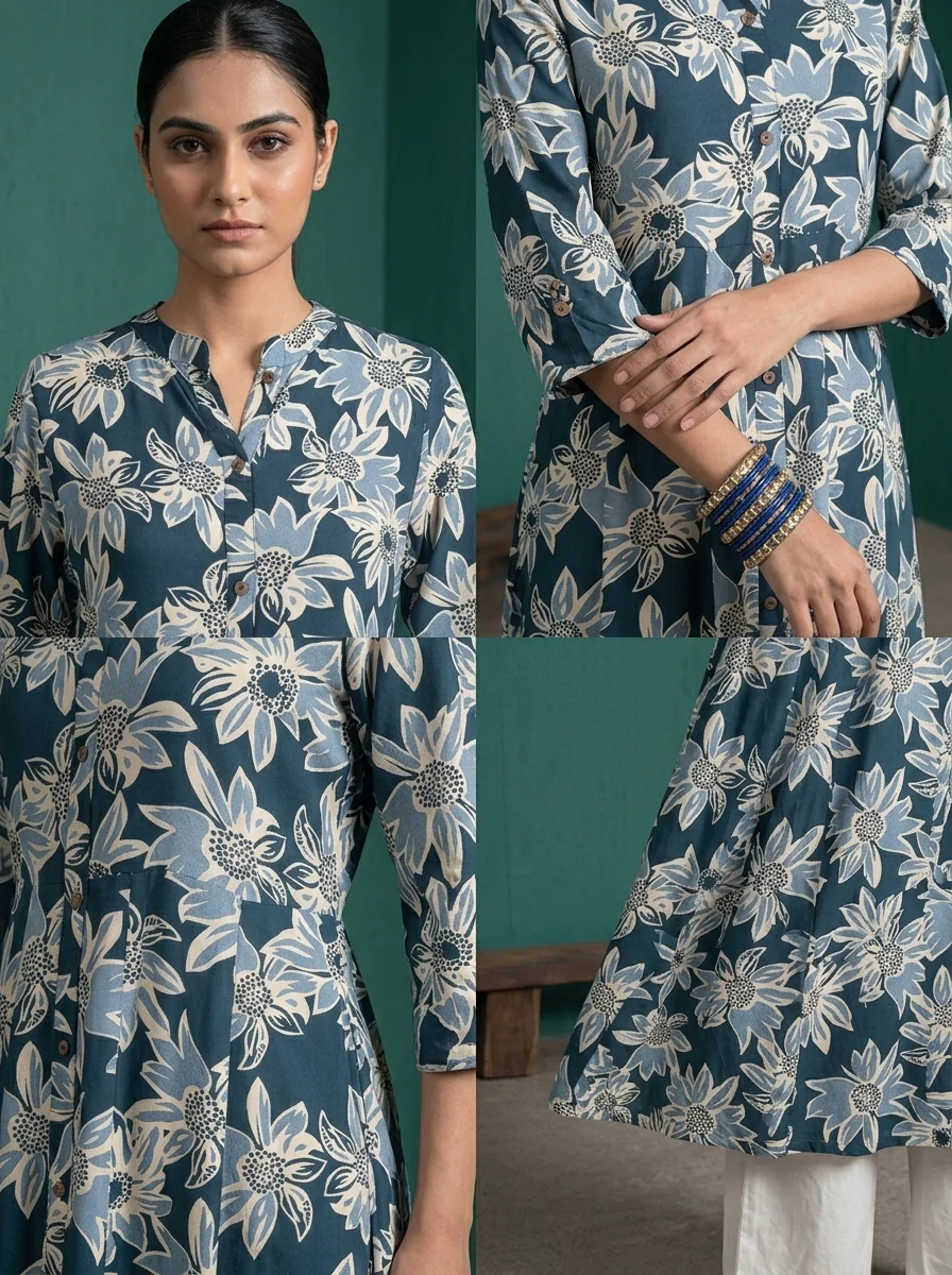 Navy Blue Rayon Large Floral Digital Printed Kurta - Image 5