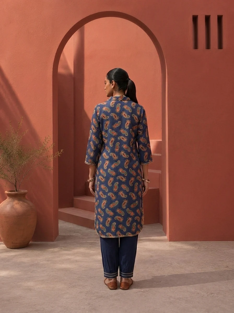 Navy Blue Rayon Paisley Printed Two Piece Set - Image 2