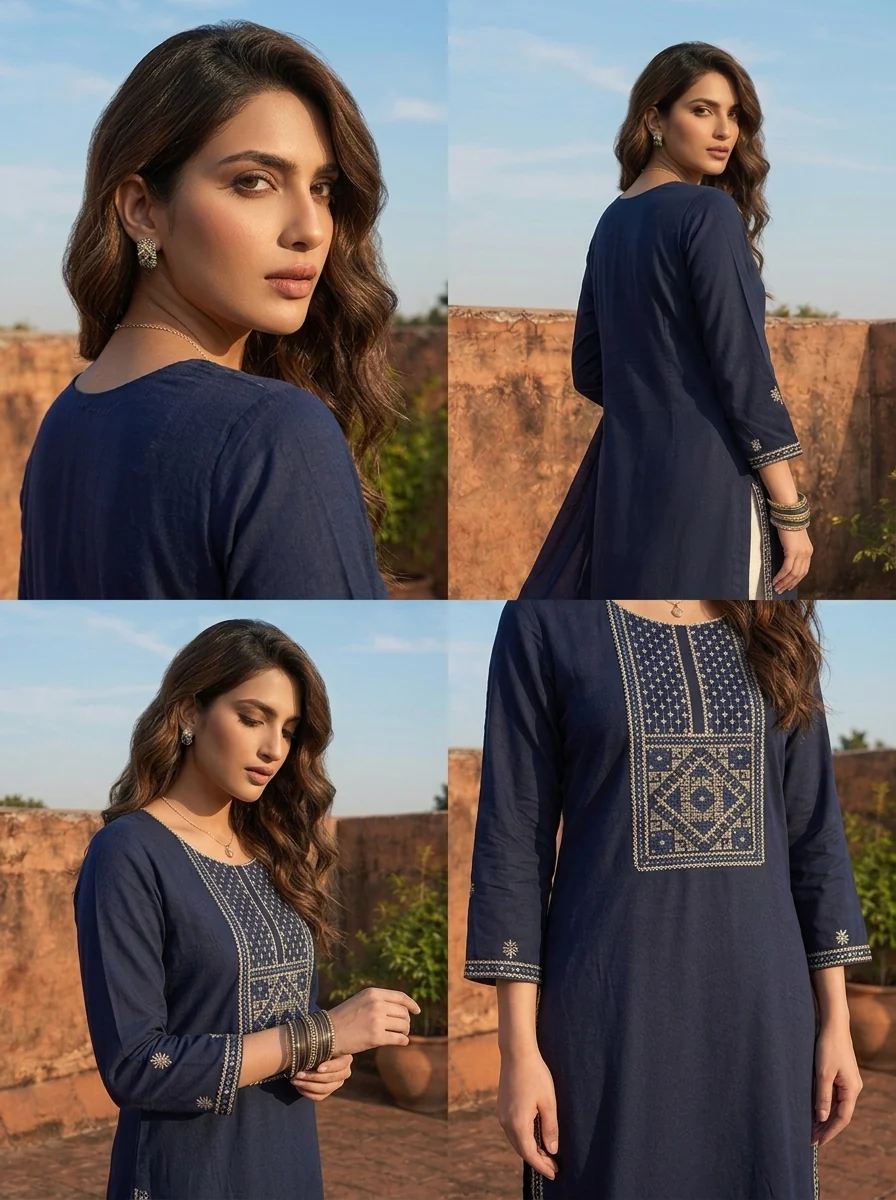 Navy Blue Rayon Rectangular Geometric Embroidered Kurta - Image 5