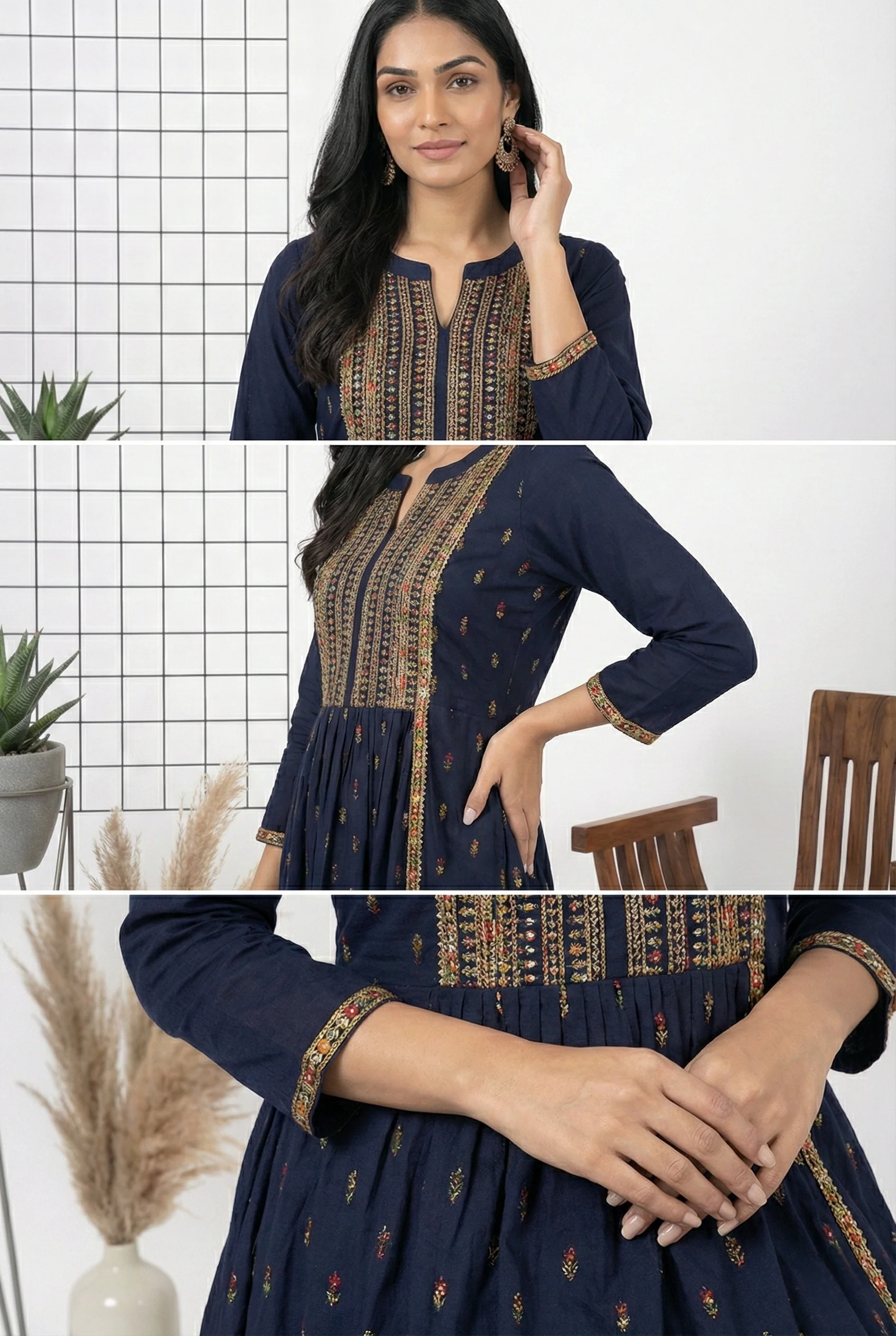 Navy Blue Rayon Zari Embroidered Dress - Image 3