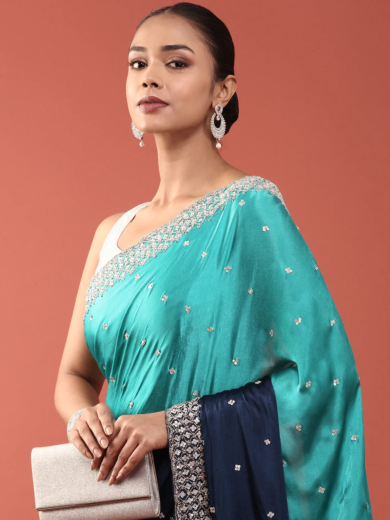 Navy Blue Satin Stone And Thread Embroidery Saree - Image 2
