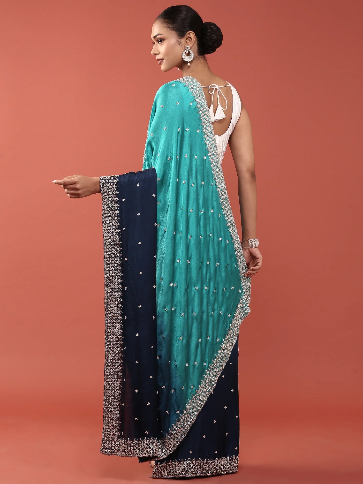 Navy Blue Satin Stone And Thread Embroidery Saree - Image 3