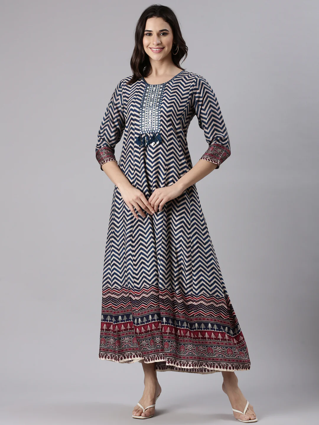 Navy Blue Silk Long Anarkali Kurta - Image 5