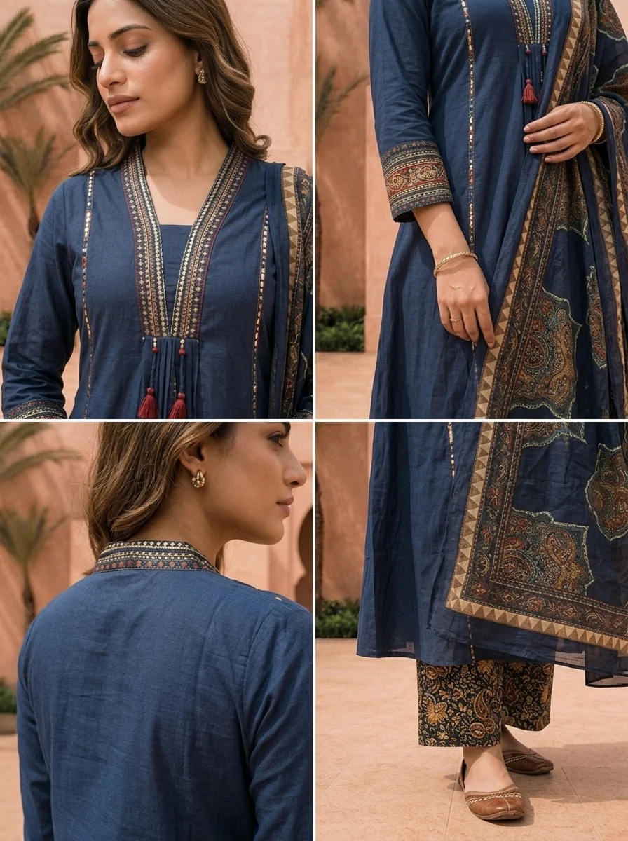Navy Blue Solid Design Cotton Three Piece Set With Ethnic Printed Dupatta - Image 5