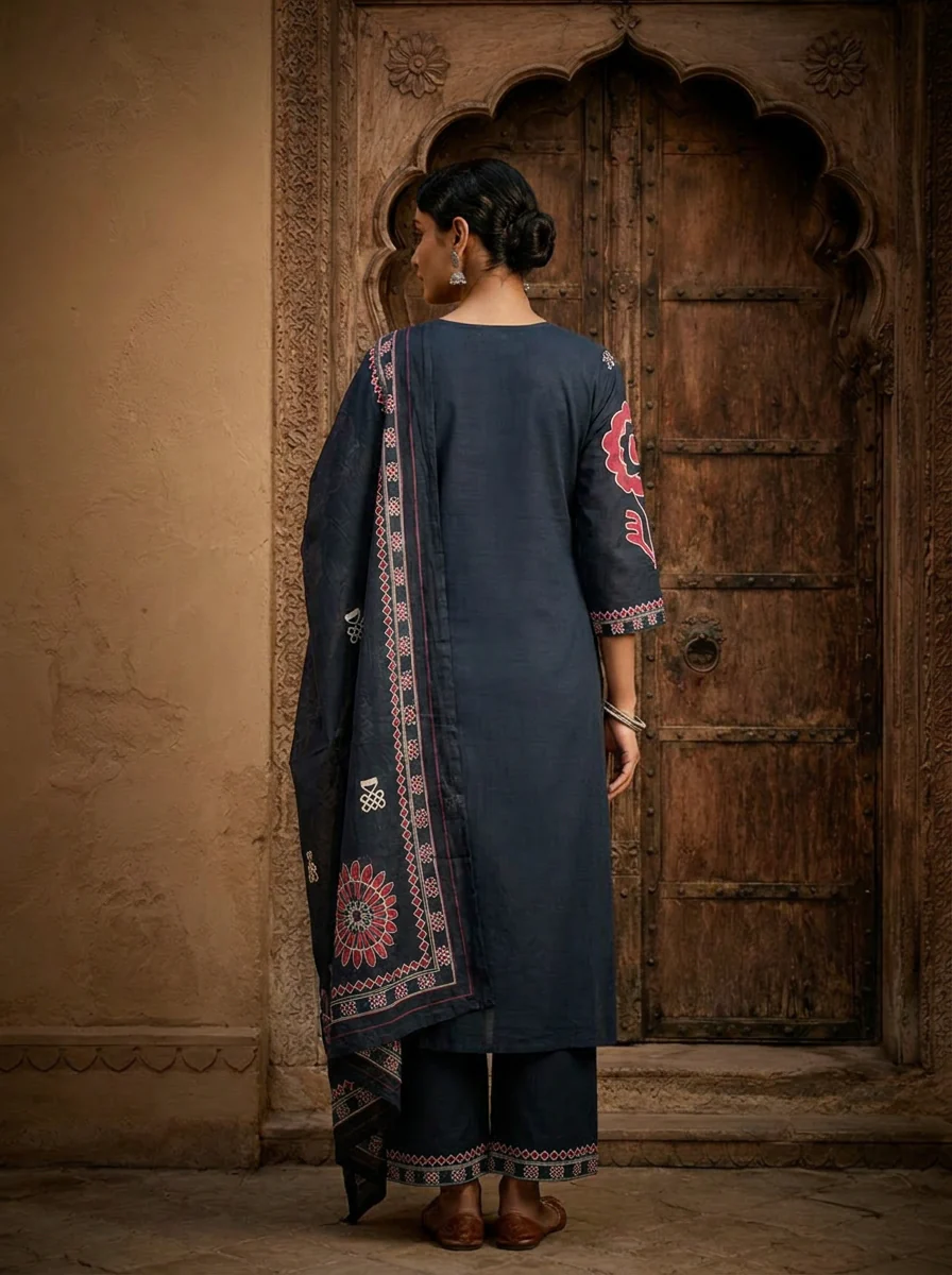 Navy Blue Solid Printed Cotton Three Piece Set - Image 3
