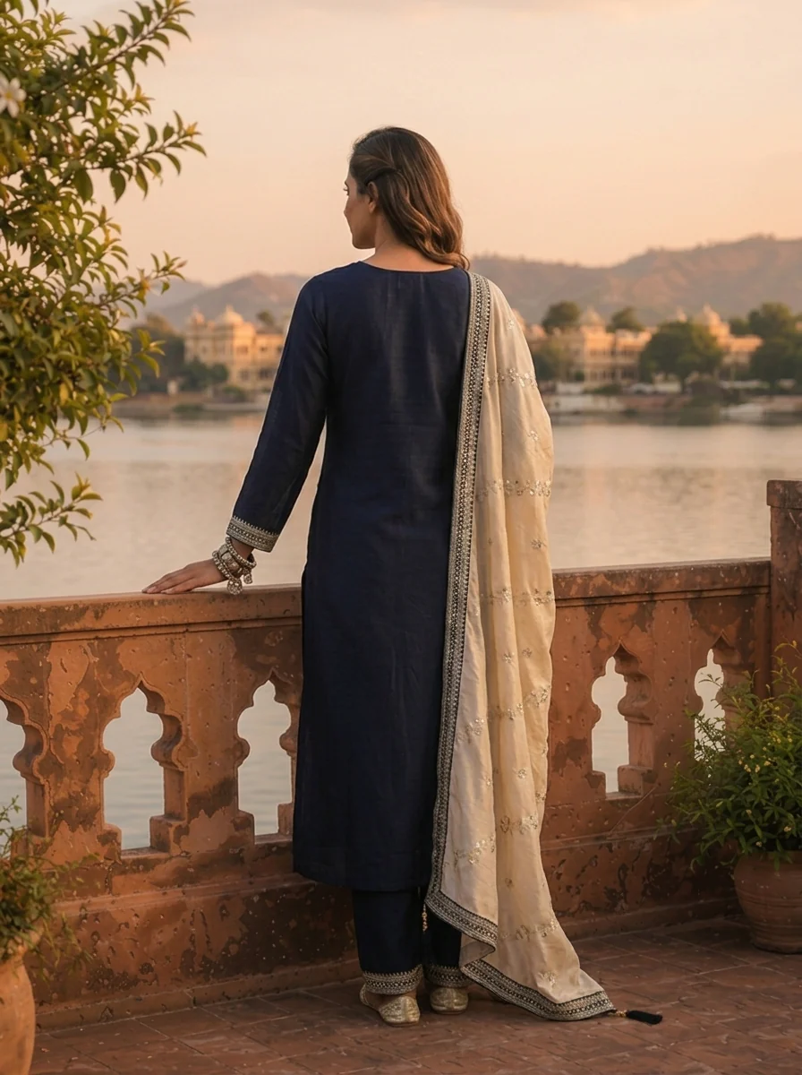 Navy Blue Vichitra Silk Geometric Zari Embroidery Three Piece Set - Image 2