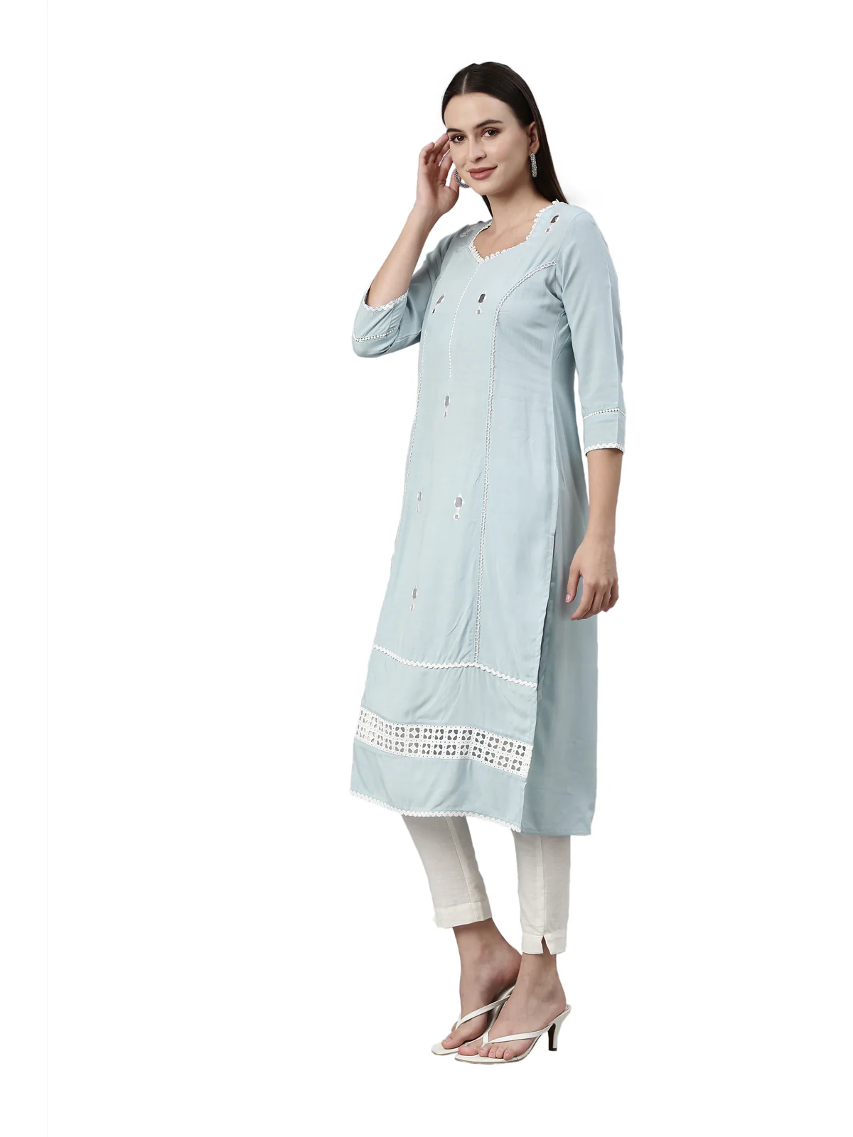 Neerus Aqua Color Rayon Fabric Kurta - Image 3