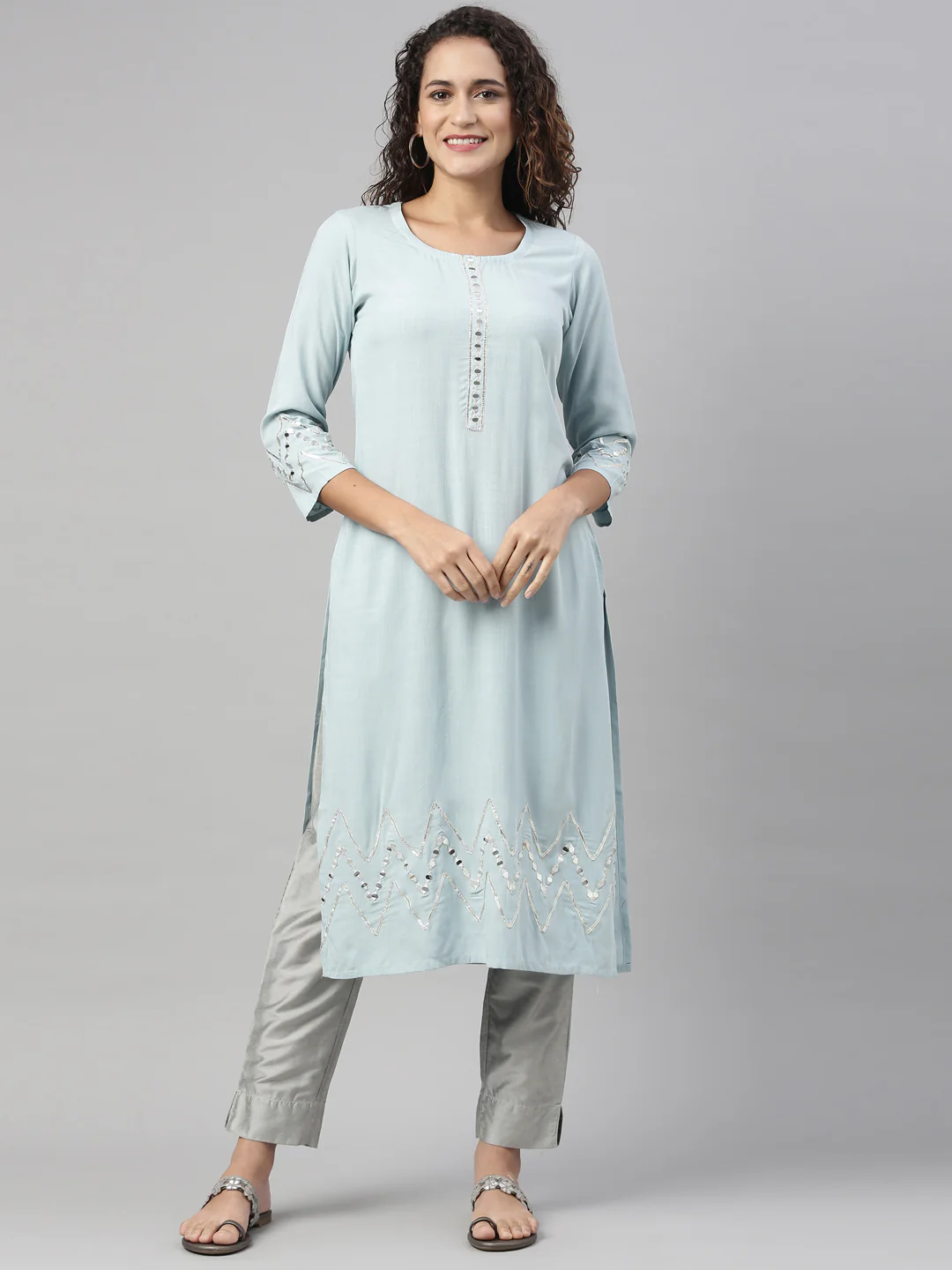 Neerus Aqua Color Slub Rayon Fabric Kurta - Image 2