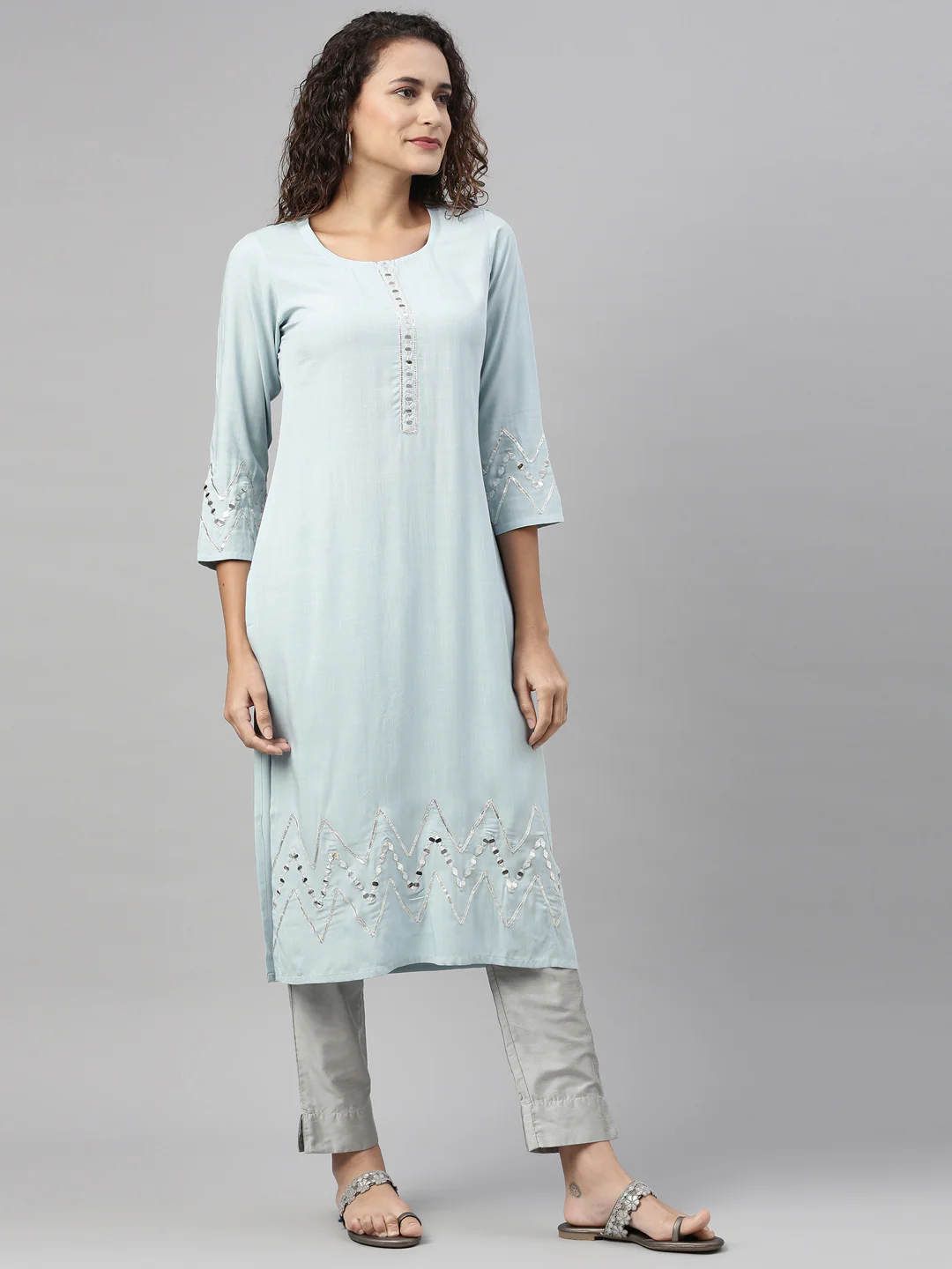 Neerus Aqua Color Slub Rayon Fabric Kurta - Image 3