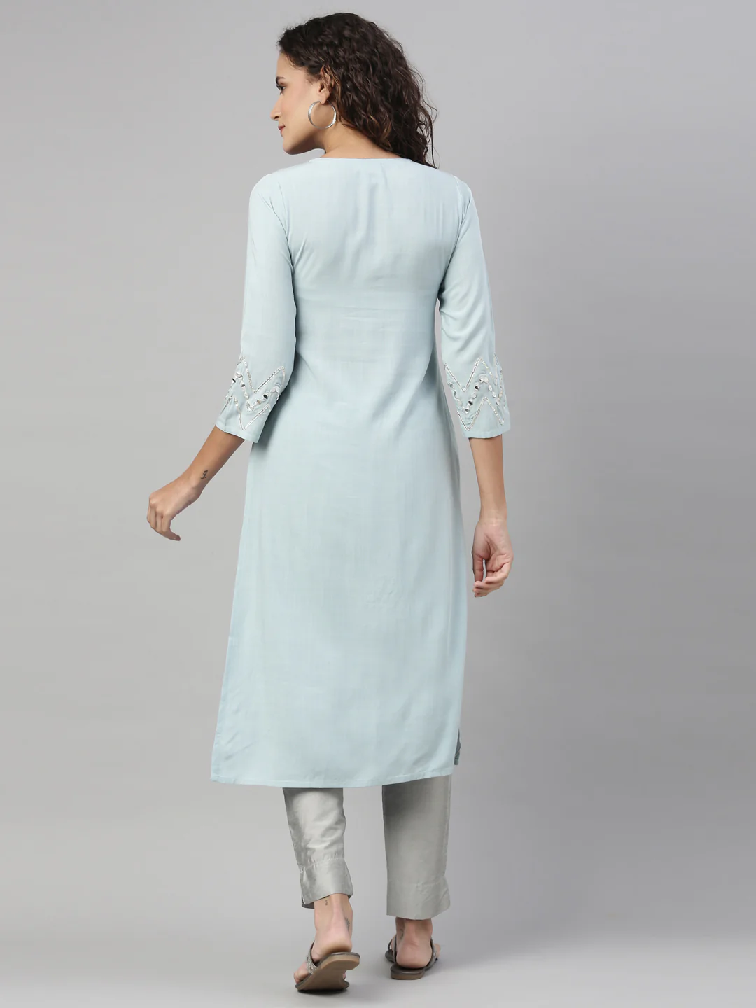 Neerus Aqua Color Slub Rayon Fabric Kurta - Image 4